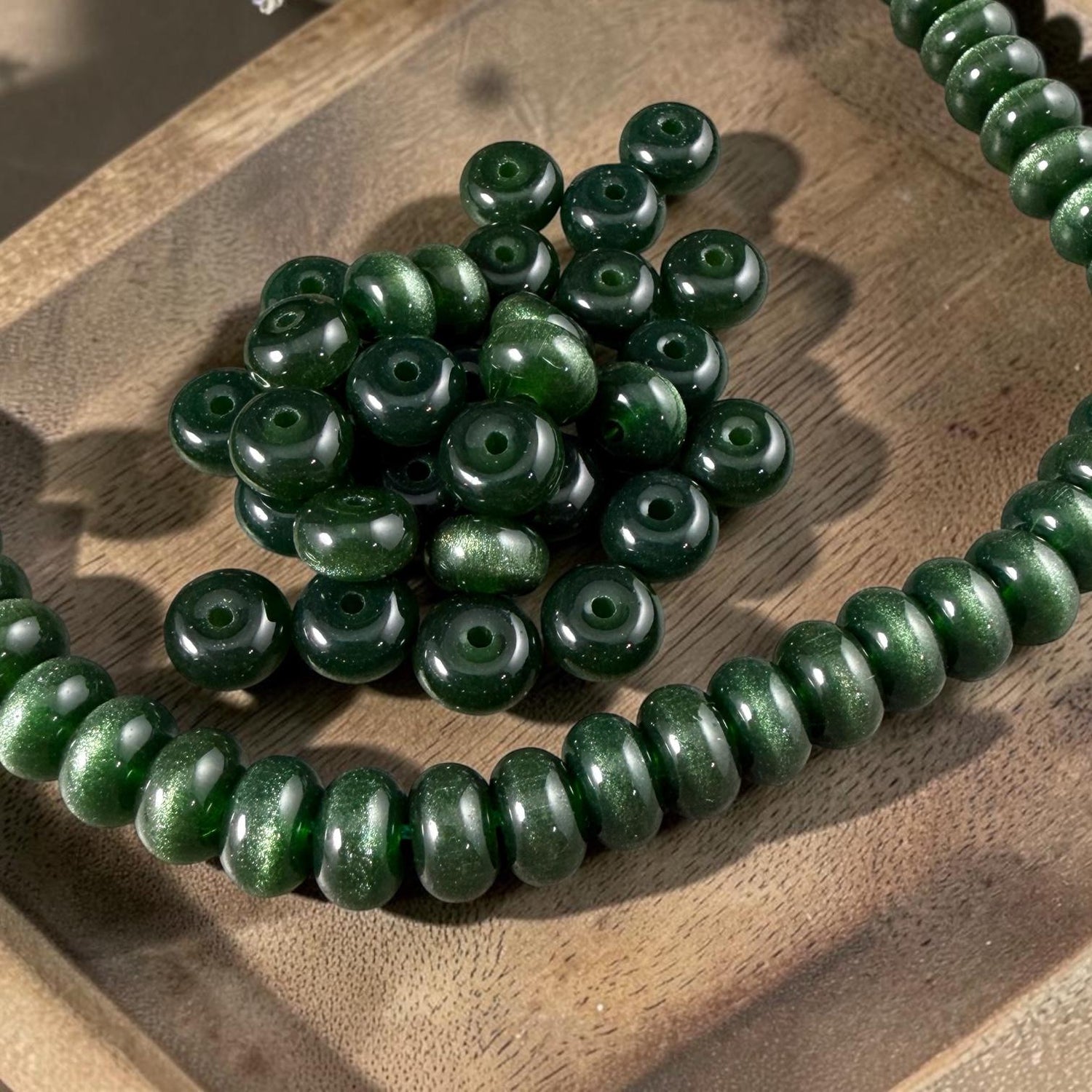 Glass Beads - 8x5mm Rondelles, Dark Forest Green Cat's Eye * 7" Strand