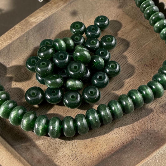 Glass Beads - 8x5mm Rondelles, Dark Forest Green Cat's Eye * 7" Strand