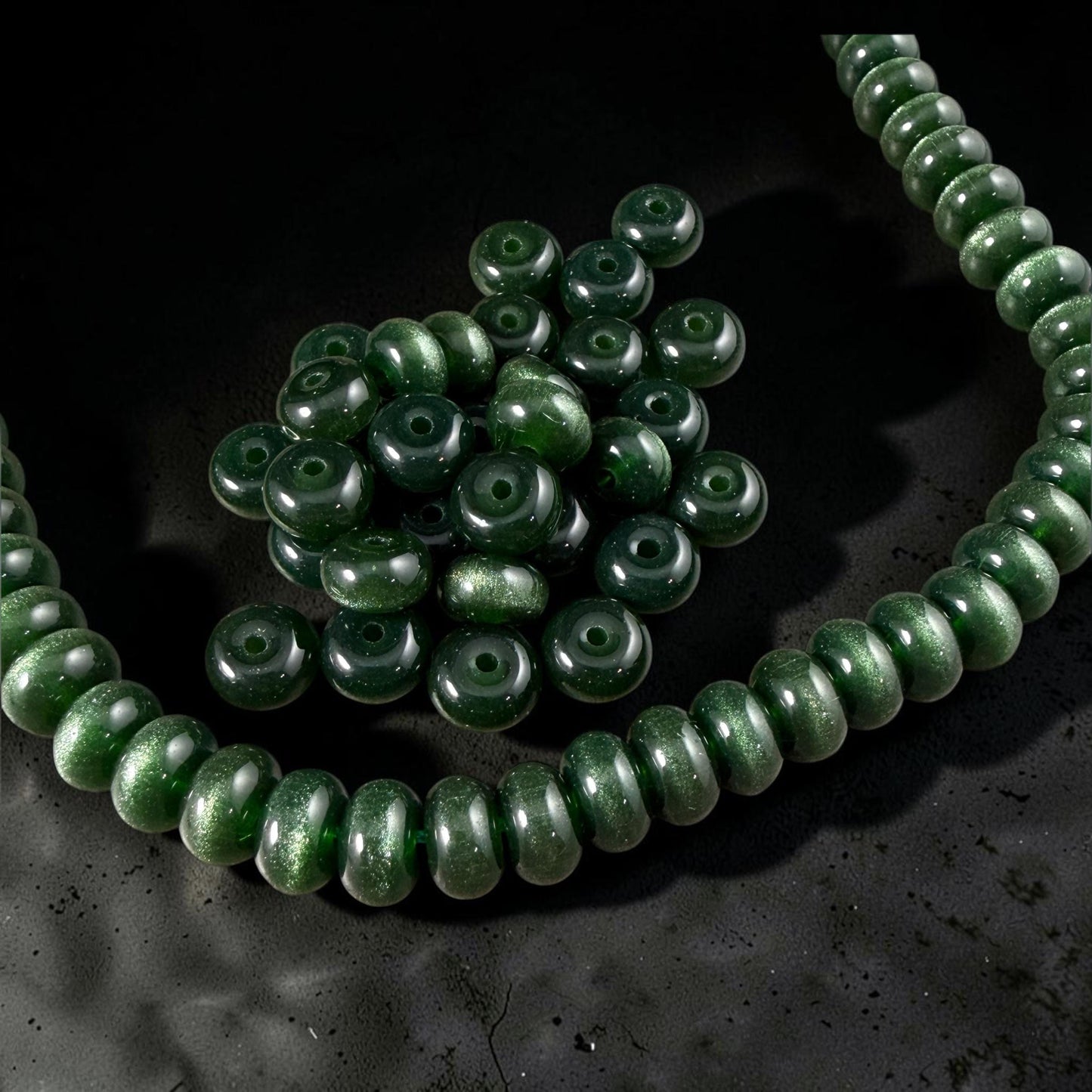 Glass Beads - 8x5mm Rondelles, Dark Forest Green Cat's Eye * 7" Strand
