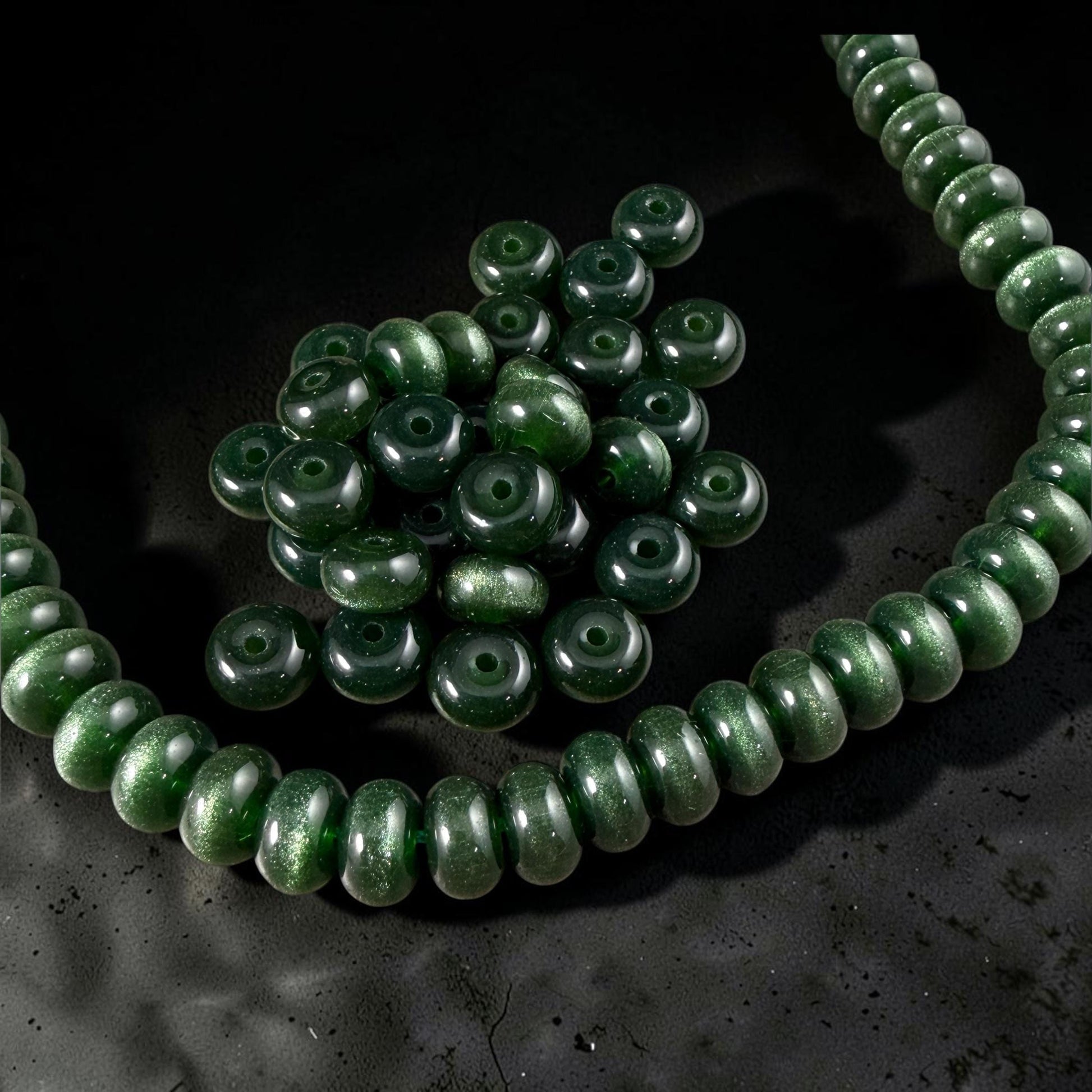 Glass Beads - 8x5mm Rondelles, Dark Forest Green Cat's Eye * 7" Strand