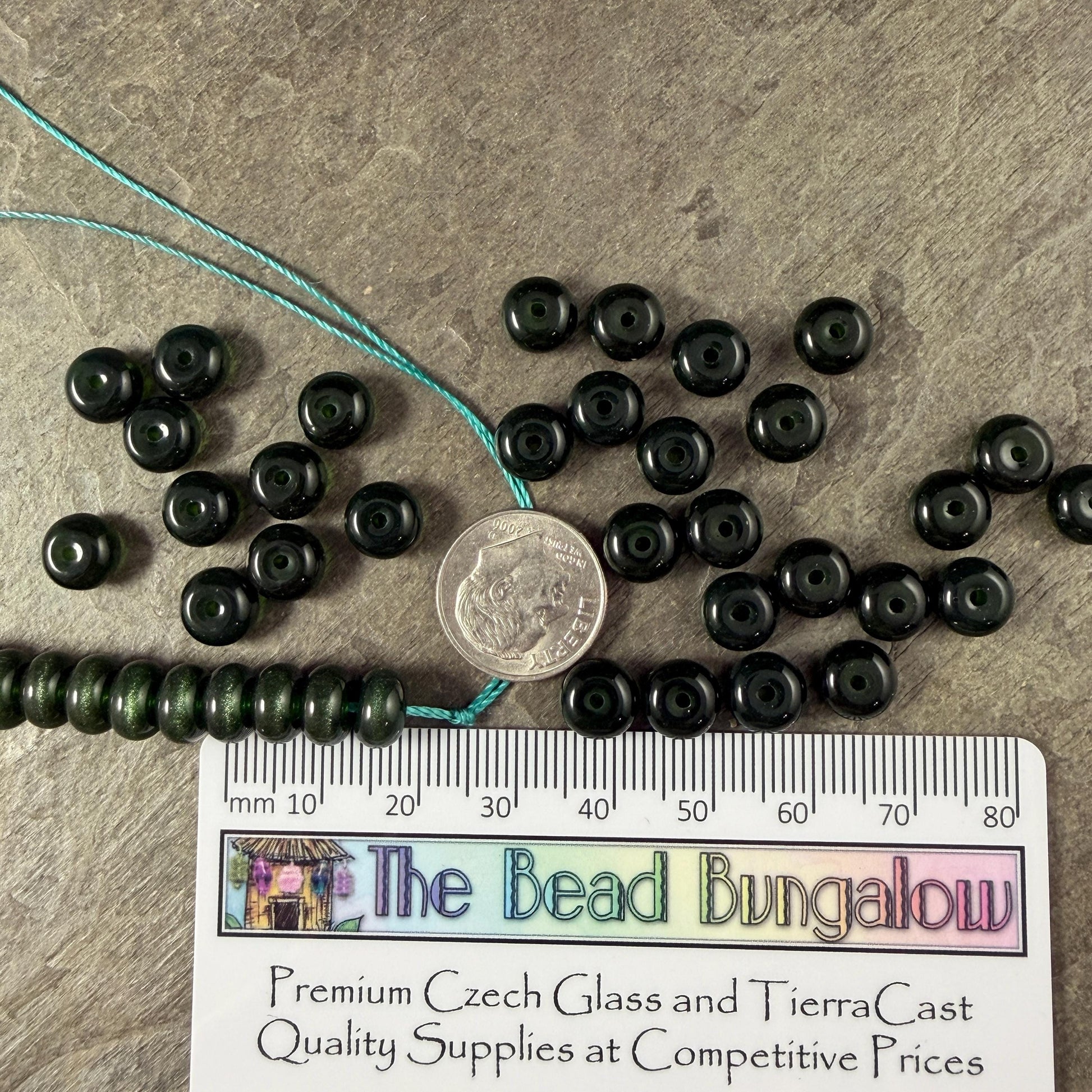 Glass Beads - 8x5mm Rondelles, Dark Forest Green Cat's Eye * 7" Strand