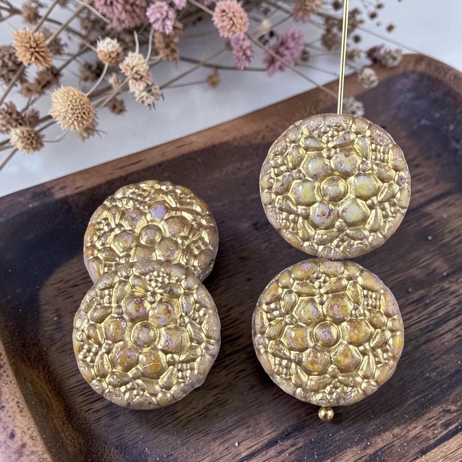Czech Glass Beads - 18mm Floral Theme Coin, Opaque Mauve with Gold Wash (POSY7) * Qty. 4
