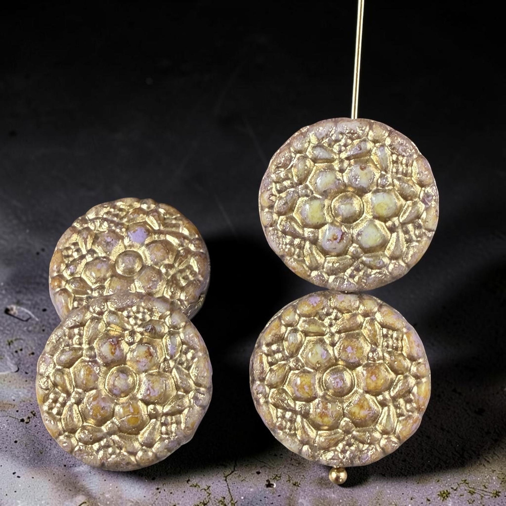Czech Glass Beads - 18mm Floral Theme Coin, Opaque Mauve with Gold Wash (POSY7) * Qty. 4