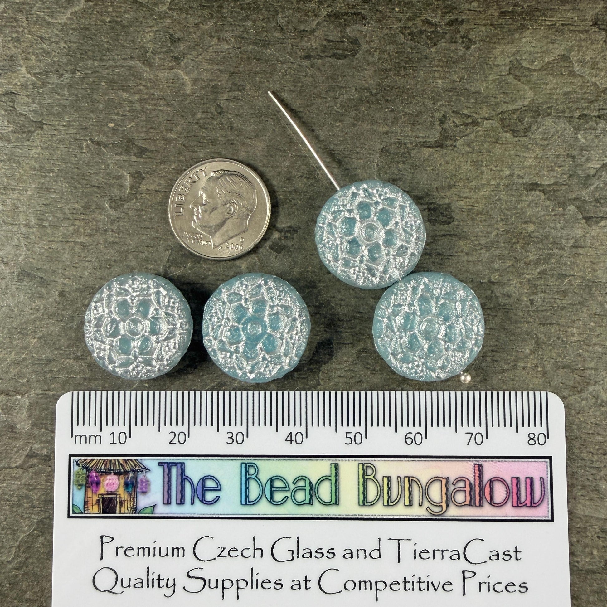 Czech Glass Beads - 18mm Floral Theme Coin,Light Sapphire Blue with Silver Wash (POSY12) * Qty. 4