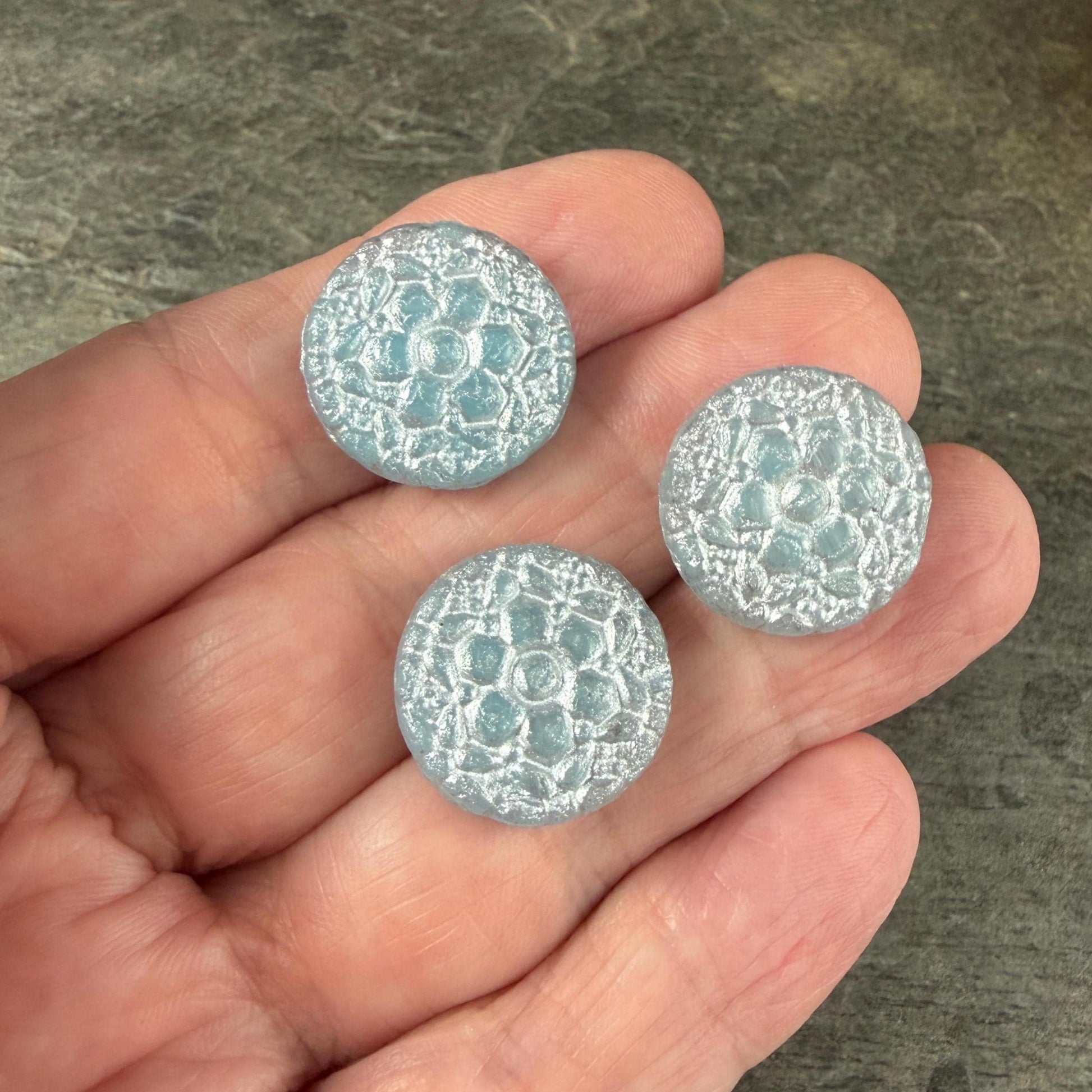 Czech Glass Beads - 18mm Floral Theme Coin,Light Sapphire Blue with Silver Wash (POSY12) * Qty. 4