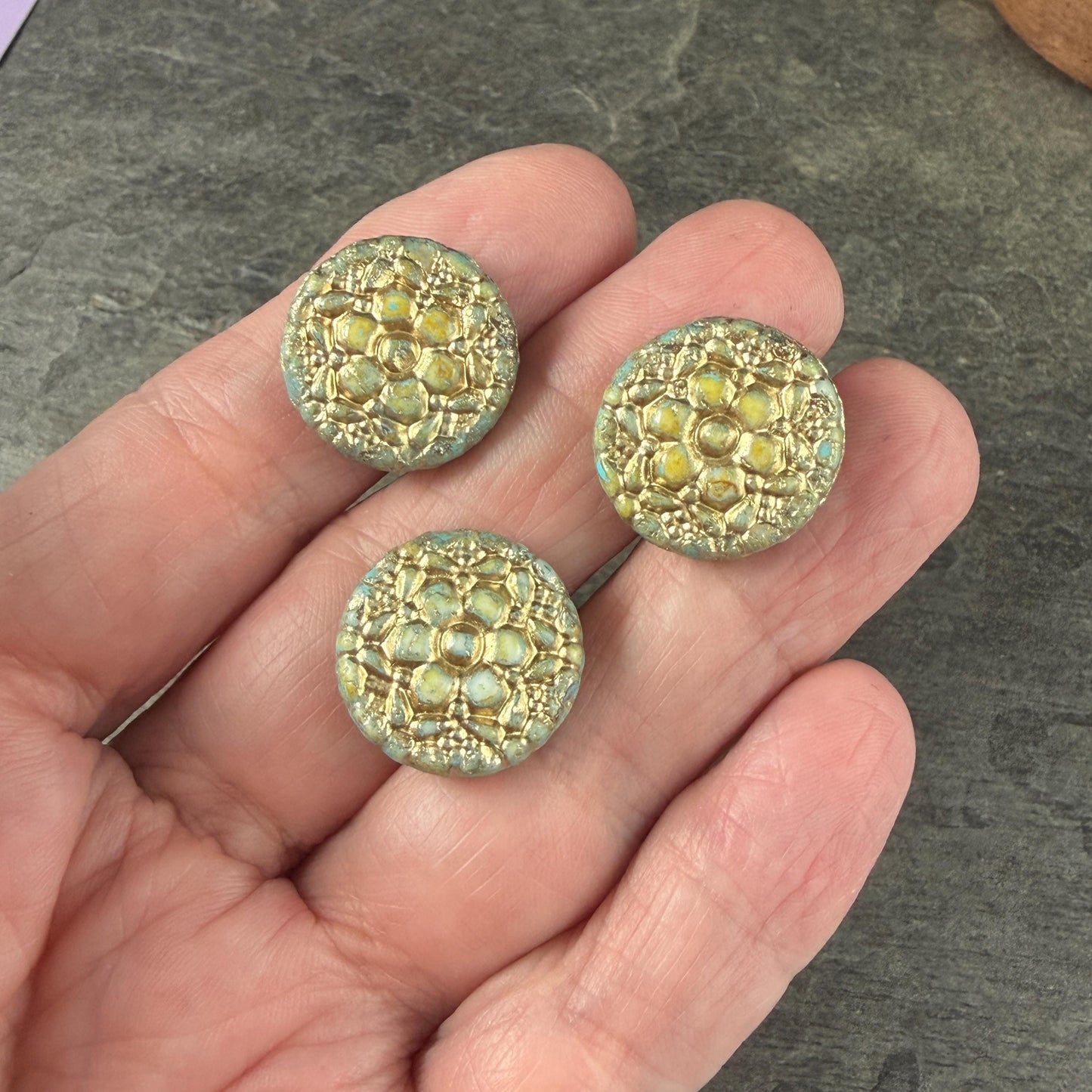 Czech Glass Beads - 18mm Floral Theme Coin, Seafoam Alabaster with Gold Wash (POSY11) * Qty. 4