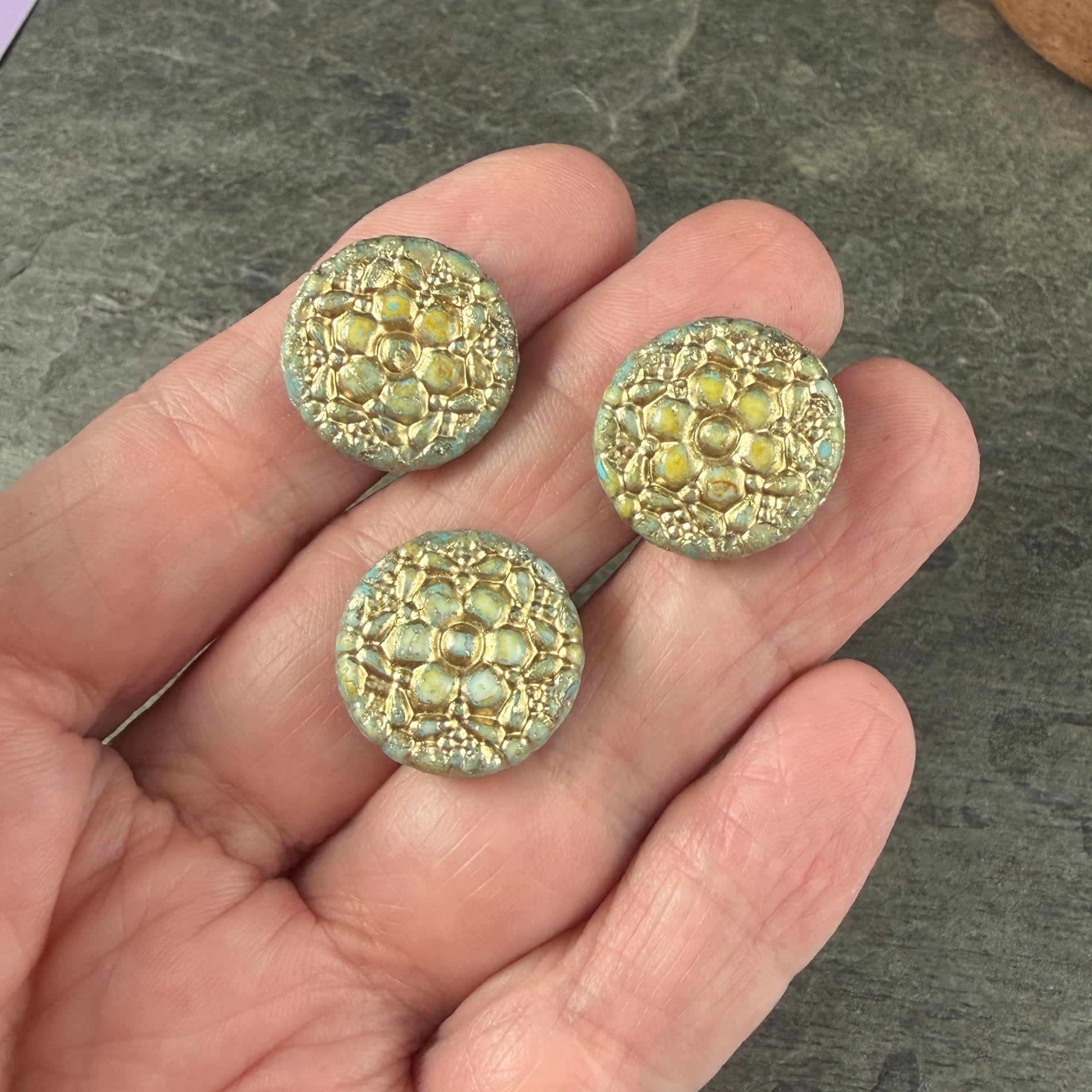 Czech Glass Beads - 18mm Floral Theme Coin, Seafoam Alabaster with Gold Wash (POSY11) * Qty. 4