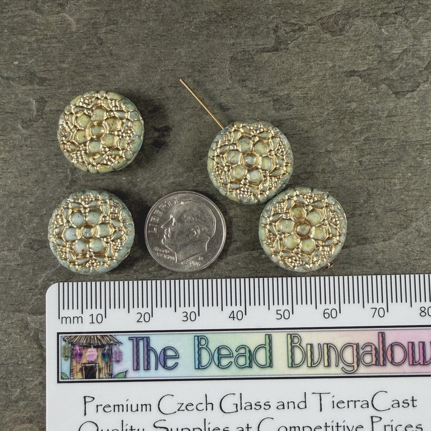 Czech Glass Beads - 18mm Floral Theme Coin, Seafoam Alabaster with Gold Wash (POSY11) * Qty. 4