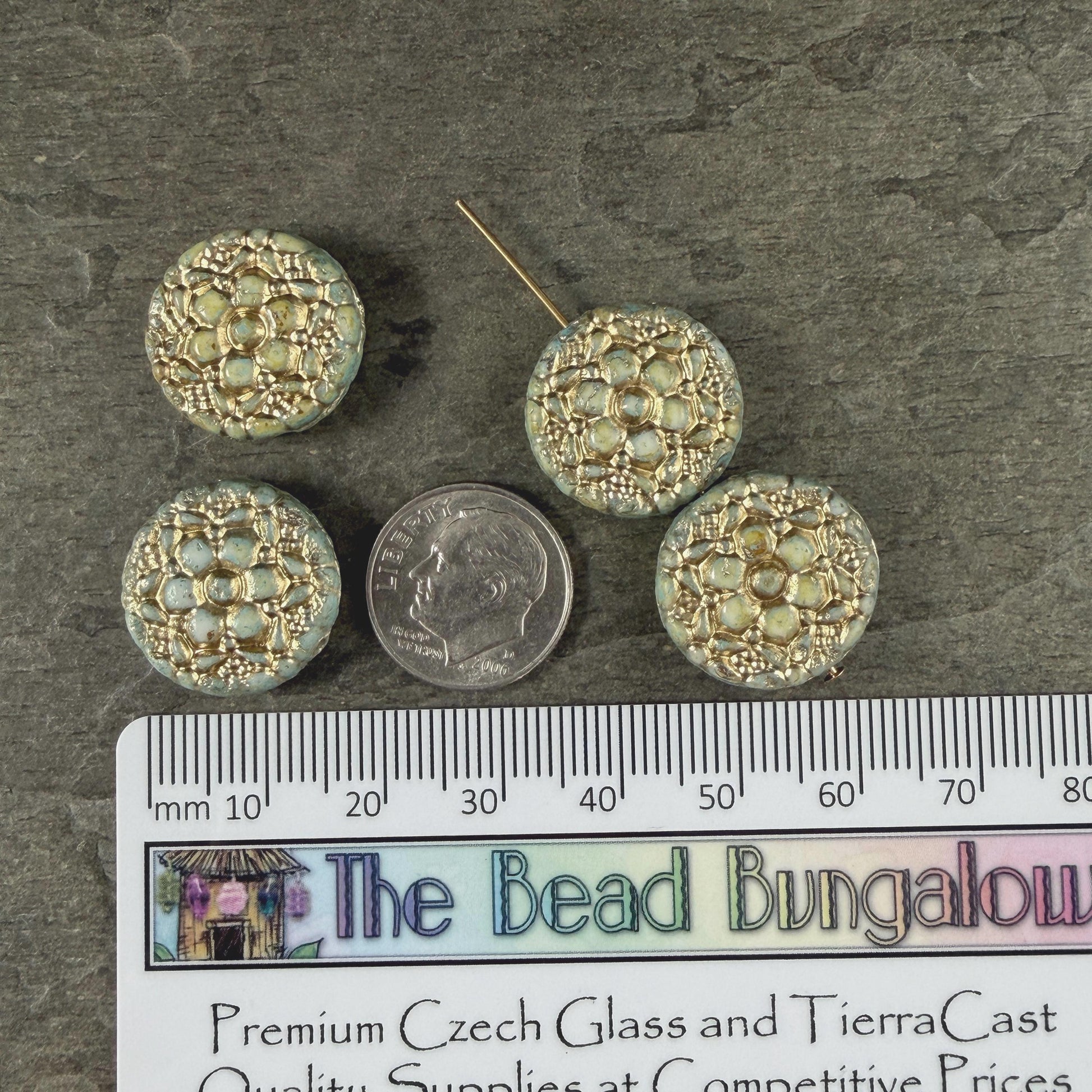 Czech Glass Beads - 18mm Floral Theme Coin, Seafoam Alabaster with Gold Wash (POSY11) * Qty. 4