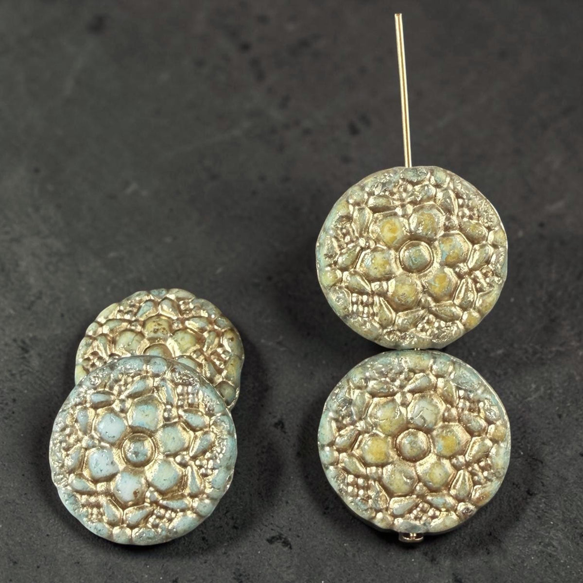 Czech Glass Beads - 18mm Floral Theme Coin, Seafoam Alabaster with Gold Wash (POSY11) * Qty. 4
