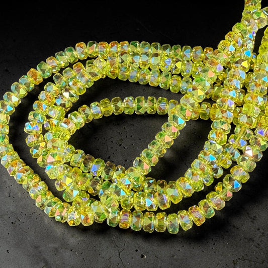 Faceted Glass Beads - 4x2.5mm Heishi Rondelles, Bright Yellow with AB Finish (CT-C23AB) * 8" Strand