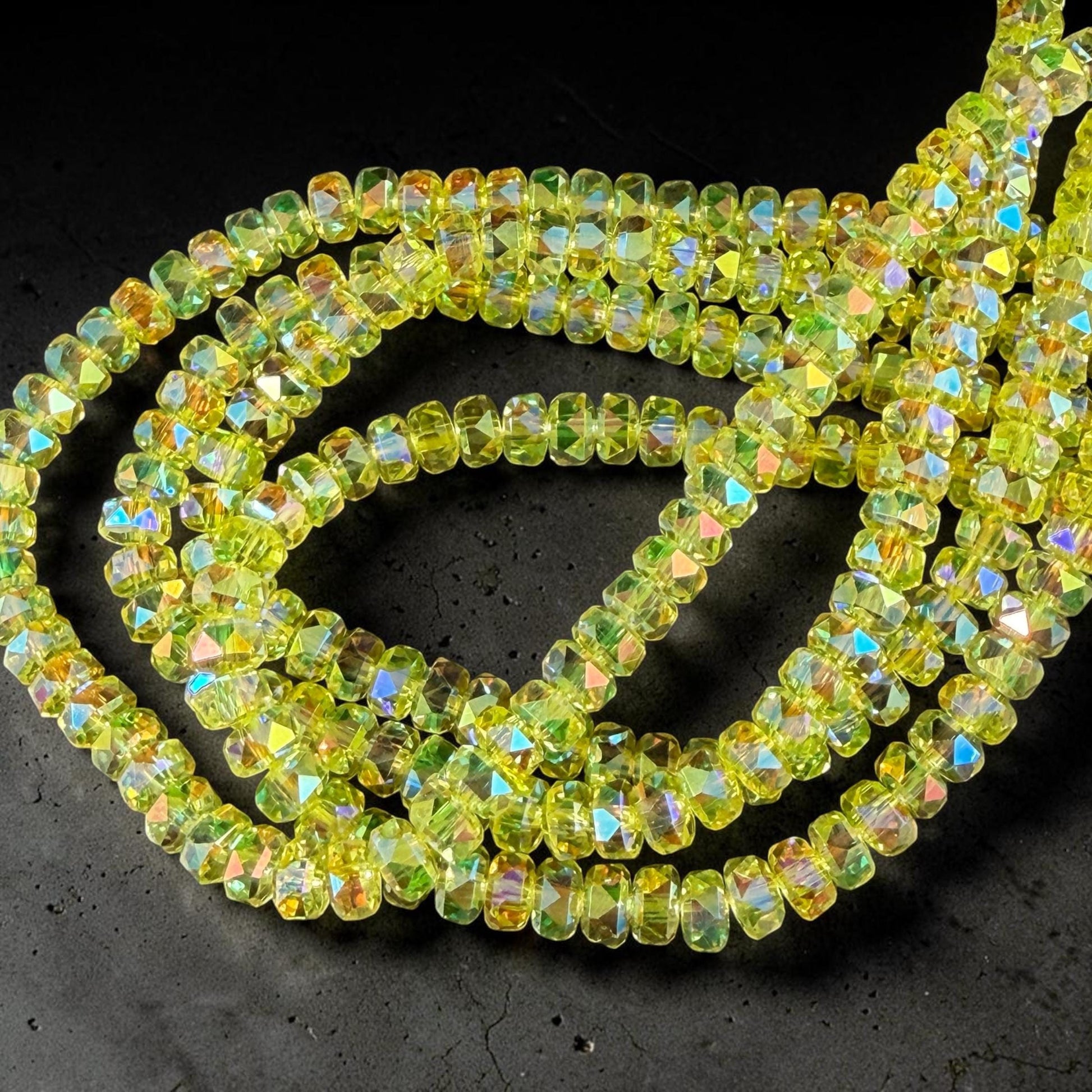 Faceted Glass Beads - 4x2.5mm Heishi Rondelles, Bright Yellow with AB Finish (CT-C23AB) * 8" Strand