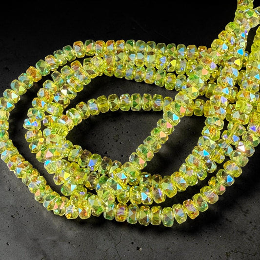 Faceted Glass Beads - 4x2.5mm Heishi Rondelles, Bright Yellow with AB Finish (CT-C23AB) * 8" Strand