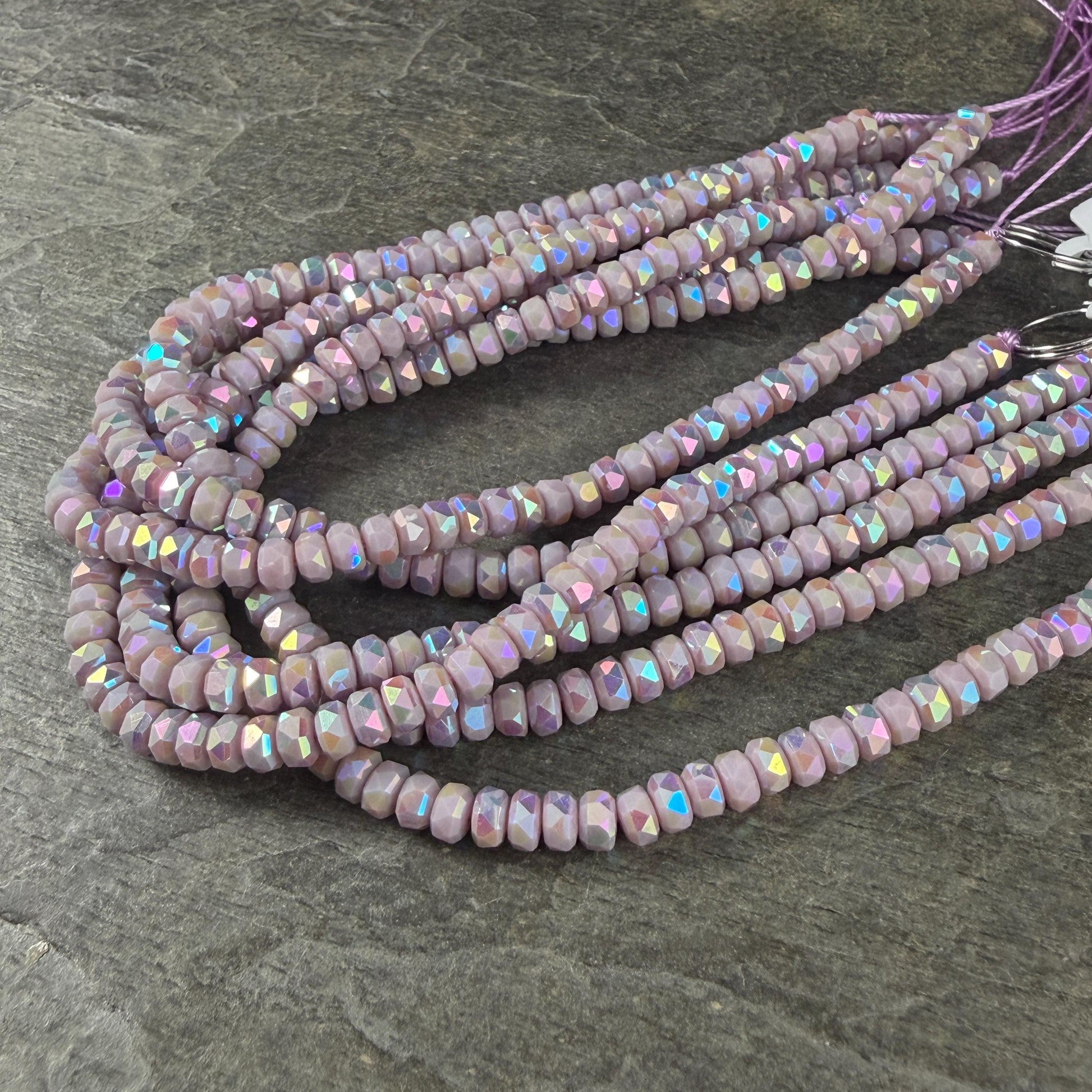 Faceted Glass Beads - 4x2.5mm Heishi Rondelles, Pale Lavender with Rainbow AB Finish (C532-AB) * 8" Strand
