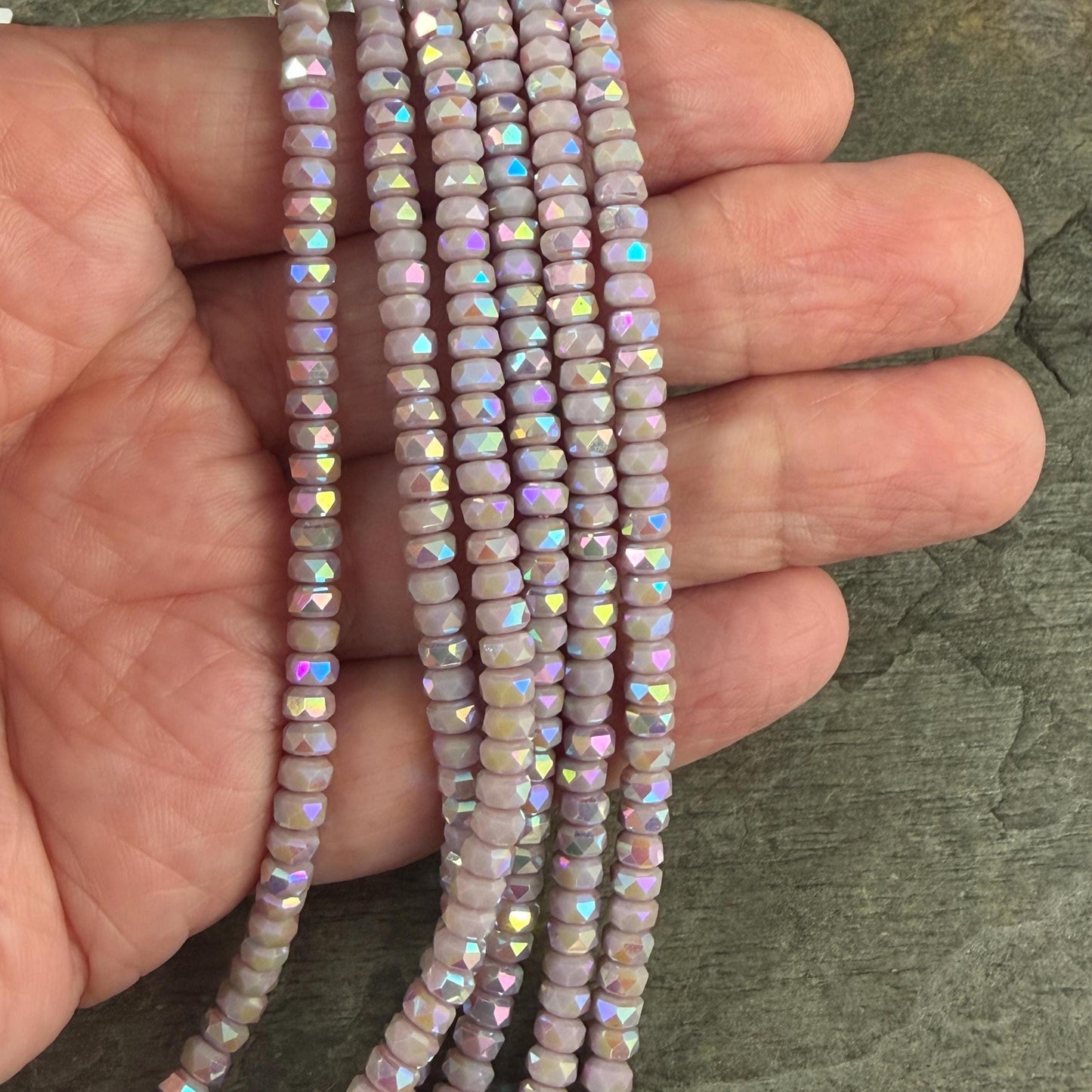 Faceted Glass Beads - 4x2.5mm Heishi Rondelles, Pale Lavender with Rainbow AB Finish (C532-AB) * 8" Strand