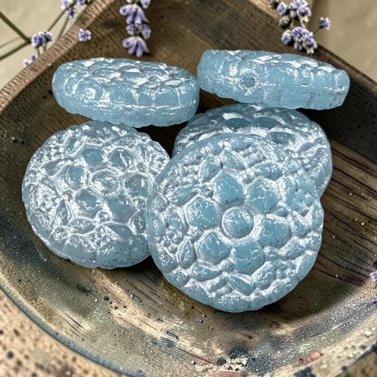 Czech Glass Beads - 18mm Floral Theme Coin,Light Sapphire Blue with Silver Wash (POSY12) * Qty. 4