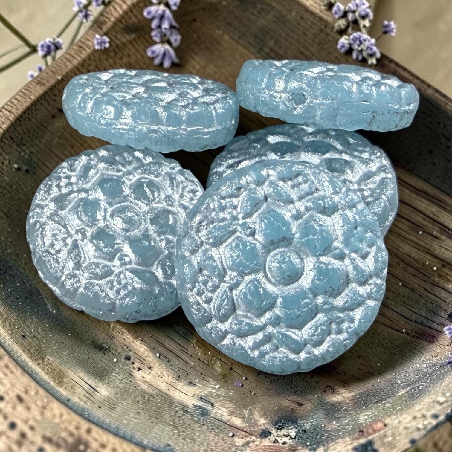 Czech Glass Beads - 18mm Floral Theme Coin,Light Sapphire Blue with Silver Wash (POSY12) * Qty. 4