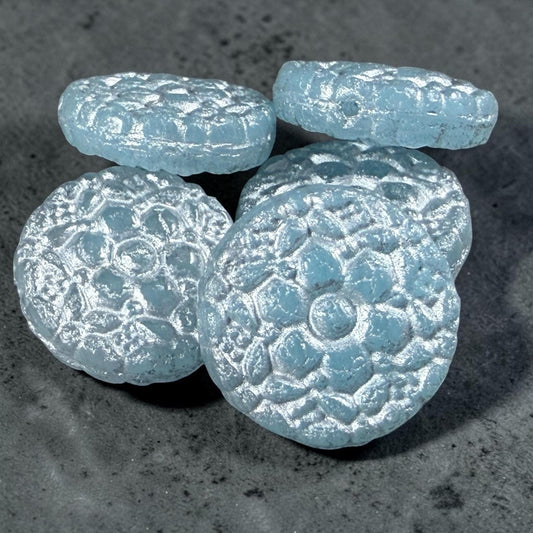Czech Glass Beads - 18mm Floral Theme Coin,Light Sapphire Blue with Silver Wash (POSY12) * Qty. 4
