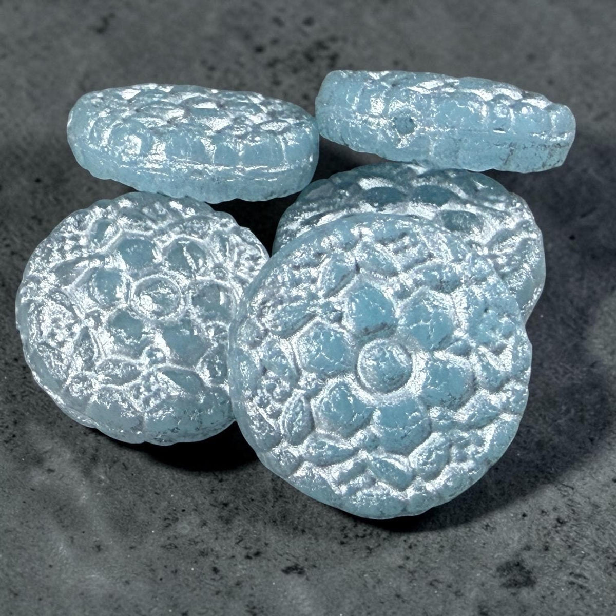 Czech Glass Beads - 18mm Floral Theme Coin,Light Sapphire Blue with Silver Wash (POSY12) * Qty. 4