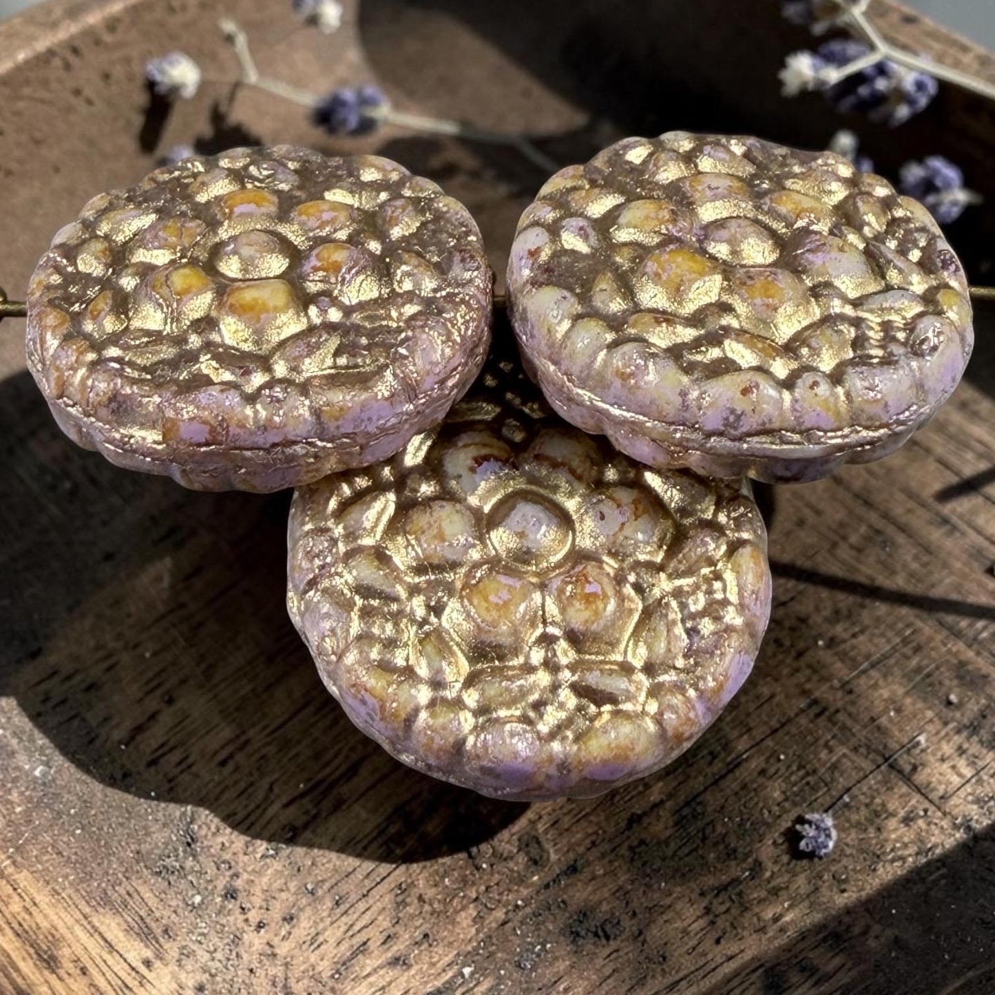 Czech Glass Beads - 18mm Floral Theme Coin, Opaque Mauve with Gold Wash (POSY7) * Qty. 4