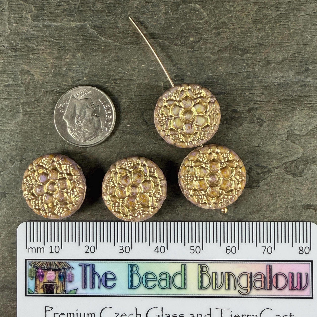 Czech Glass Beads - 18mm Floral Theme Coin, Opaque Mauve with Gold Wash (POSY7) * Qty. 4