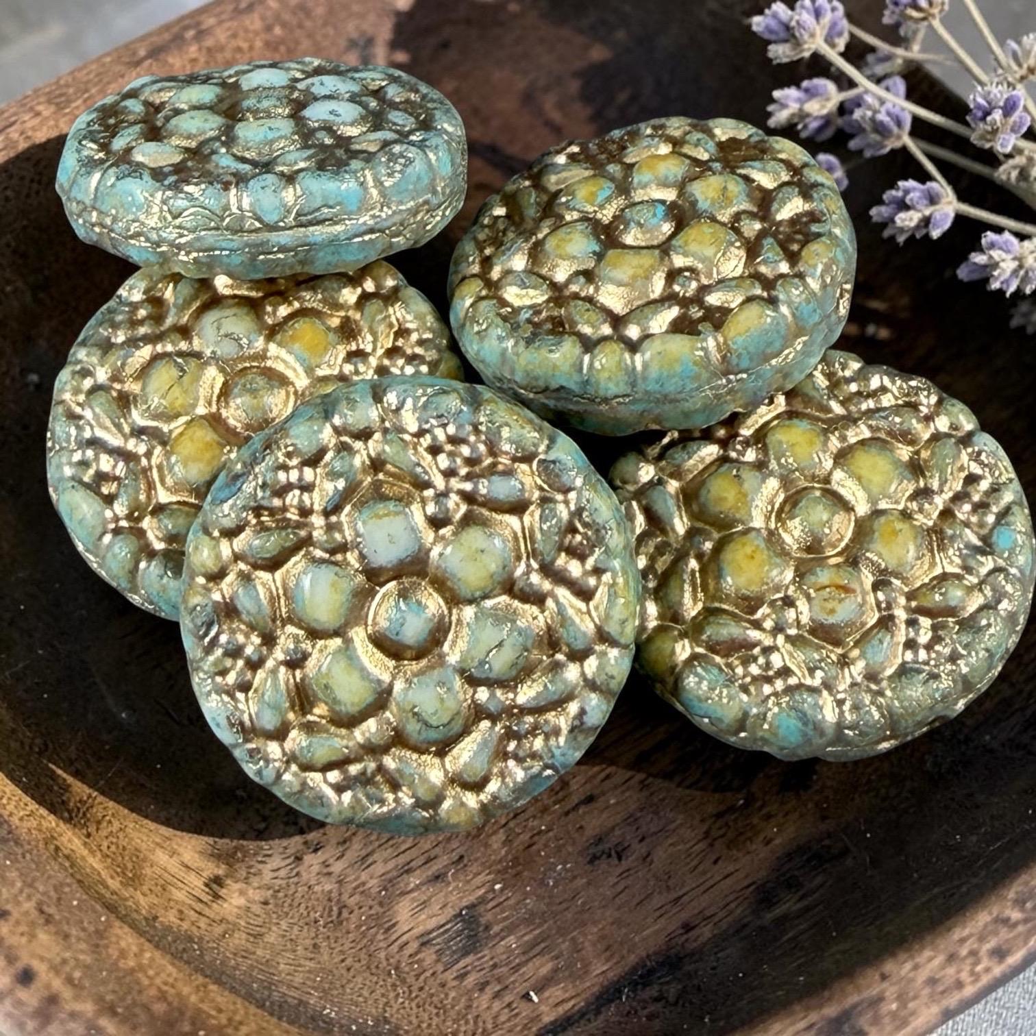 Czech Glass Beads - 18mm Floral Theme Coin, Seafoam Alabaster with Gold Wash (POSY11) * Qty. 4