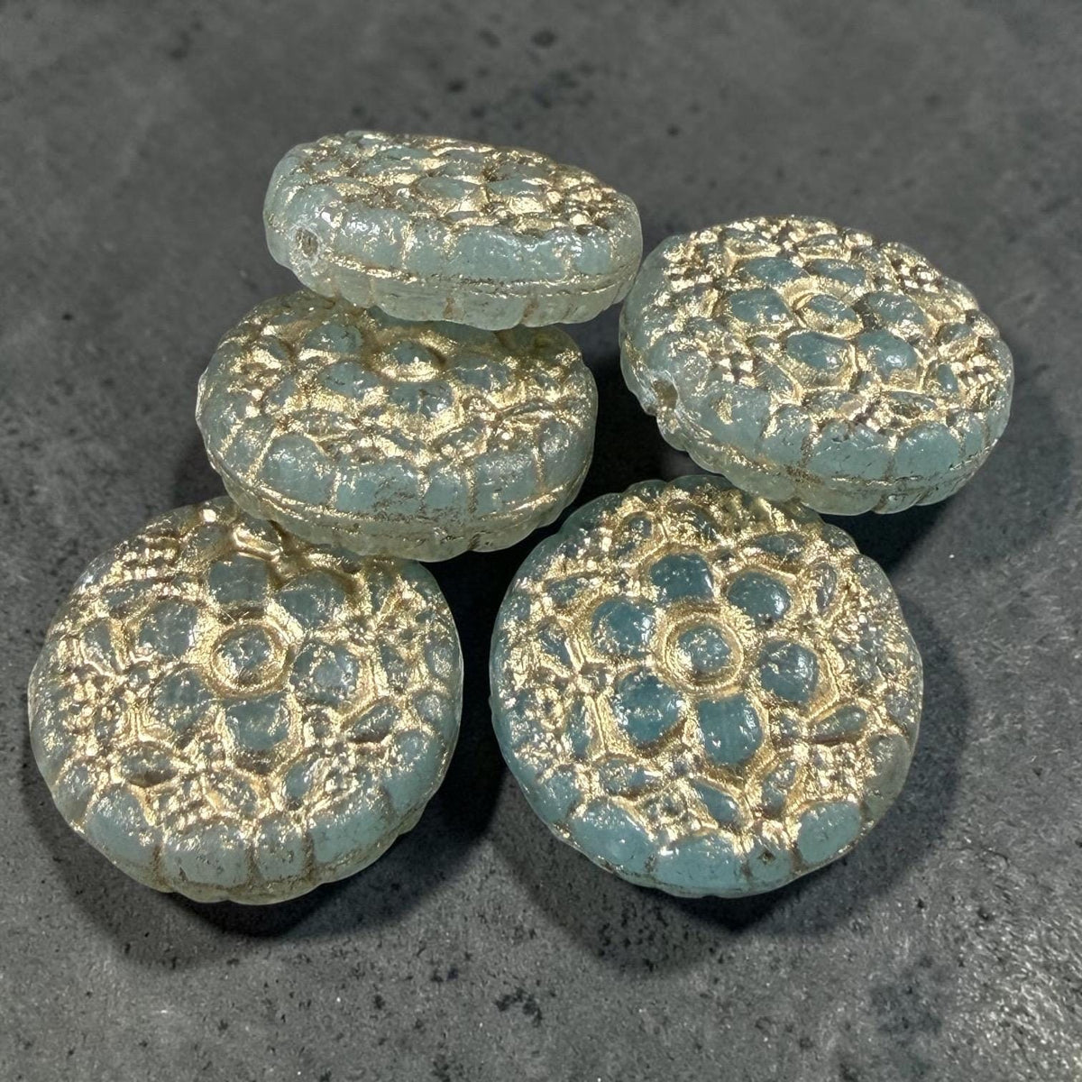 Czech Glass Beads - 18mm Floral Theme Coin, Pale Jade Green with Gold Wash (POSY10) * Qty. 4