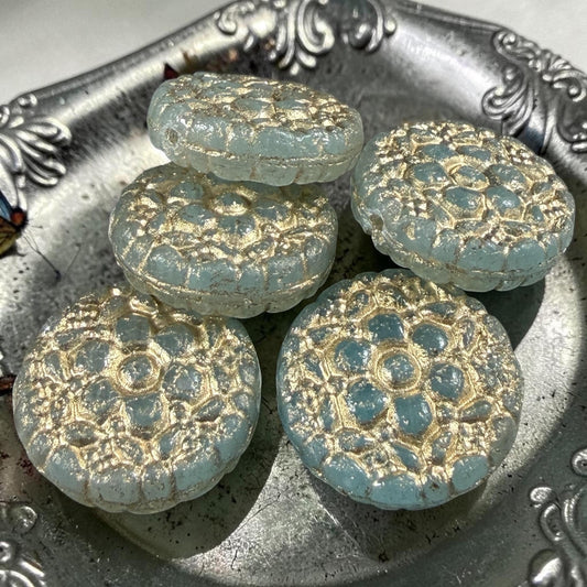 Czech Glass Beads - 18mm Floral Theme Coin, Pale Jade Green with Gold Wash (POSY10) * Qty. 4