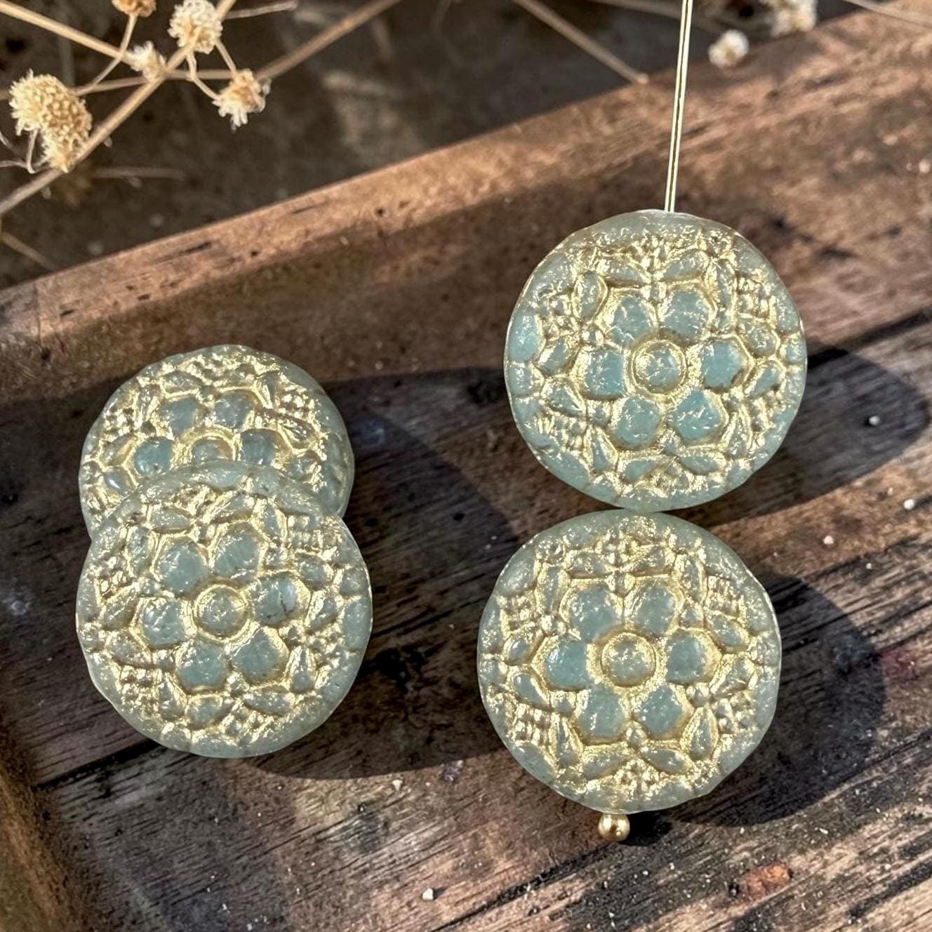 Czech Glass Beads - 18mm Floral Theme Coin, Pale Jade Green with Gold Wash (POSY10) * Qty. 4