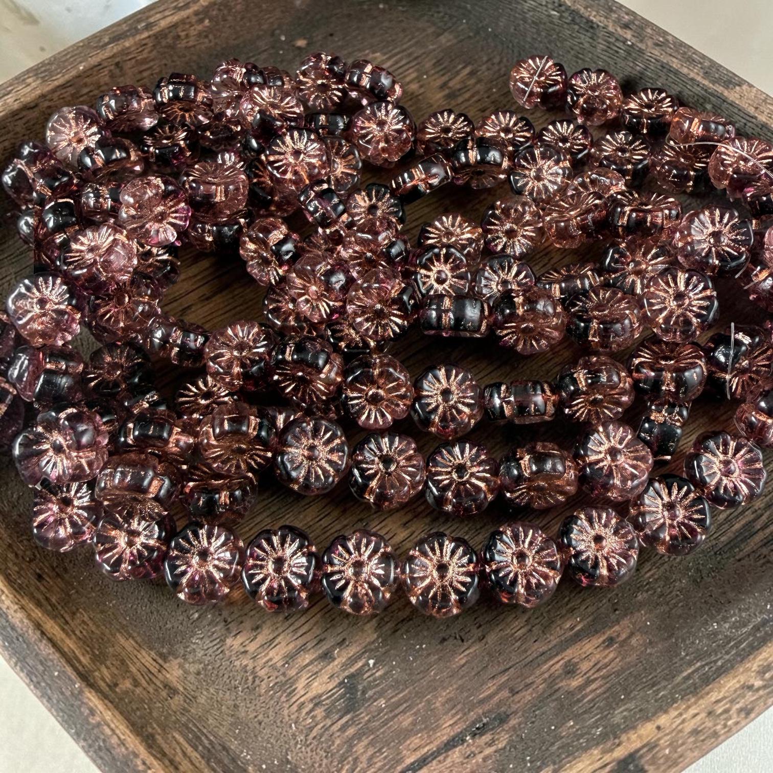 Czech Beads - 10mm Hibiscus, Dark Purple and Clear with Copper Wash (2002-54200) * 20 Beads