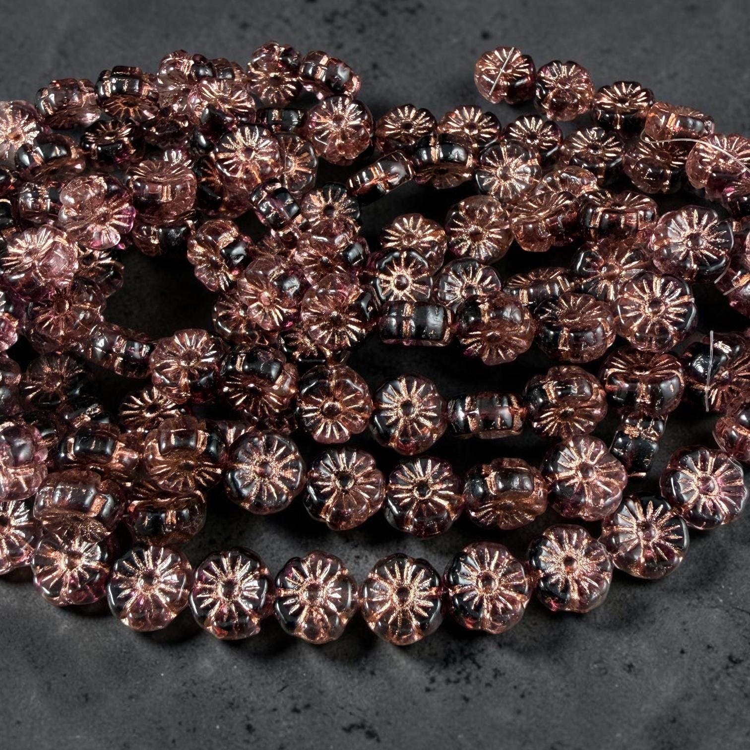 Czech Beads - 10mm Hibiscus, Dark Purple and Clear with Copper Wash (2002-54200) * 20 Beads
