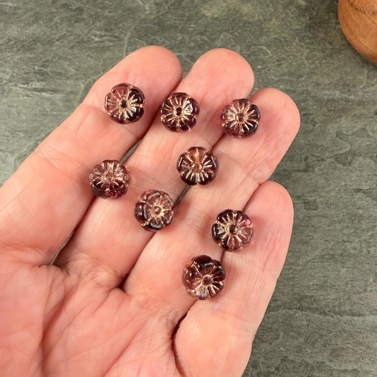 Czech Beads - 10mm Hibiscus, Dark Purple and Clear with Copper Wash (2002-54200) * 20 Beads