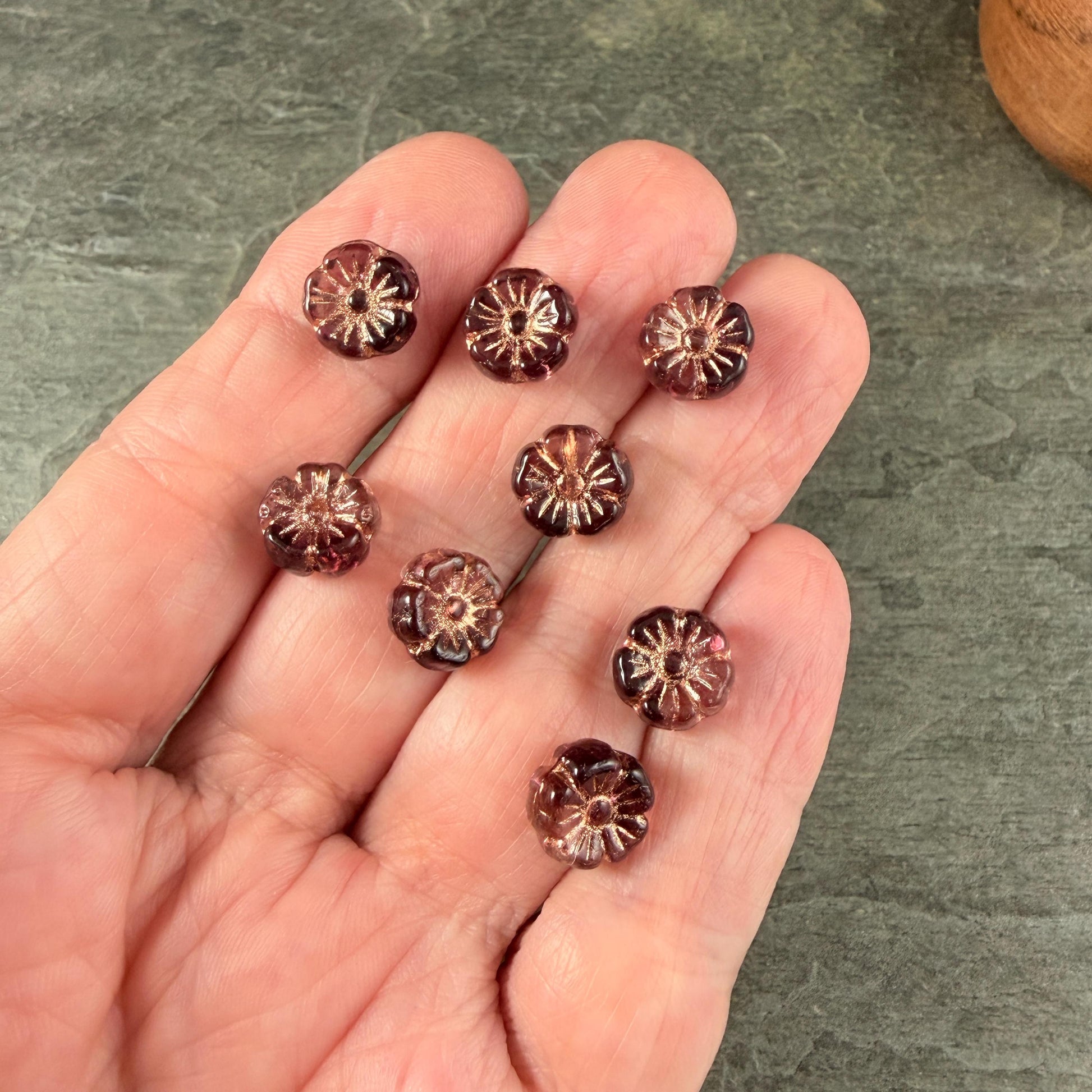 Czech Beads - 10mm Hibiscus, Dark Purple and Clear with Copper Wash (2002-54200) * 20 Beads