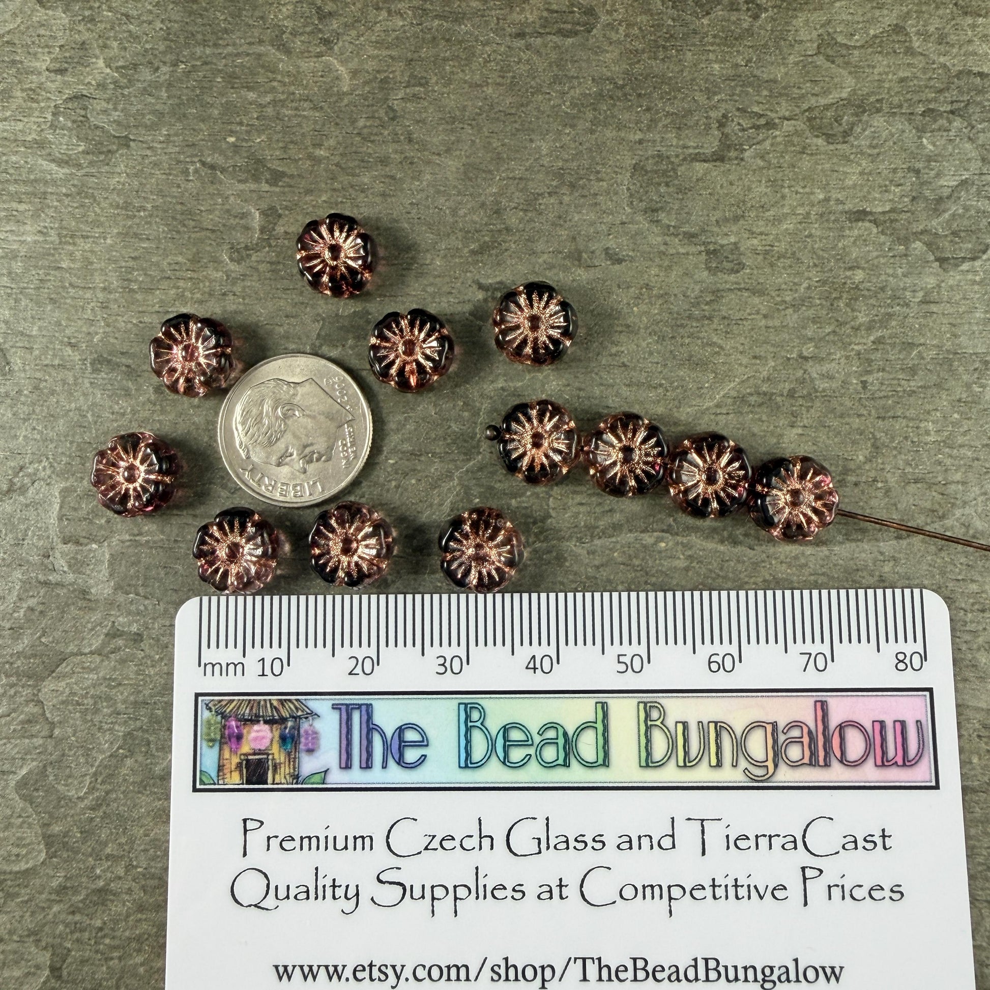 Czech Beads - 10mm Hibiscus, Dark Purple and Clear with Copper Wash (2002-54200) * 20 Beads