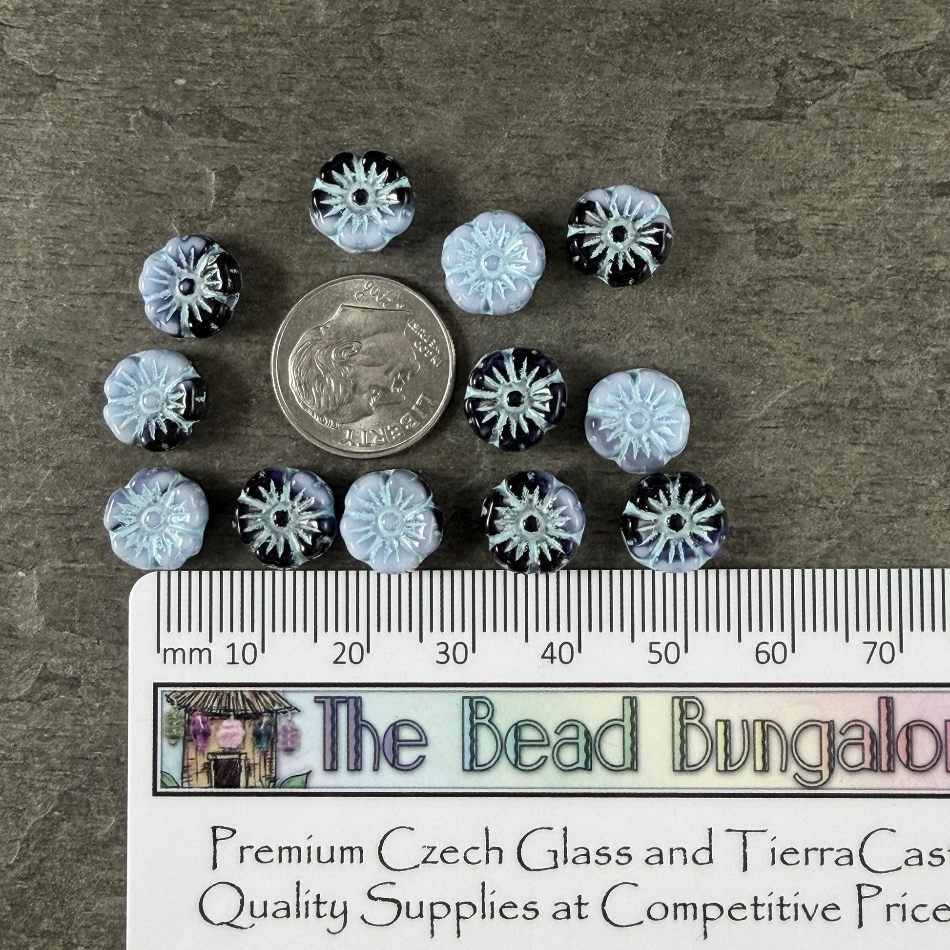 Czech Beads - 10mm Hibiscus, Light Blue and Black with Blue Wash (330133) * 20 Beads