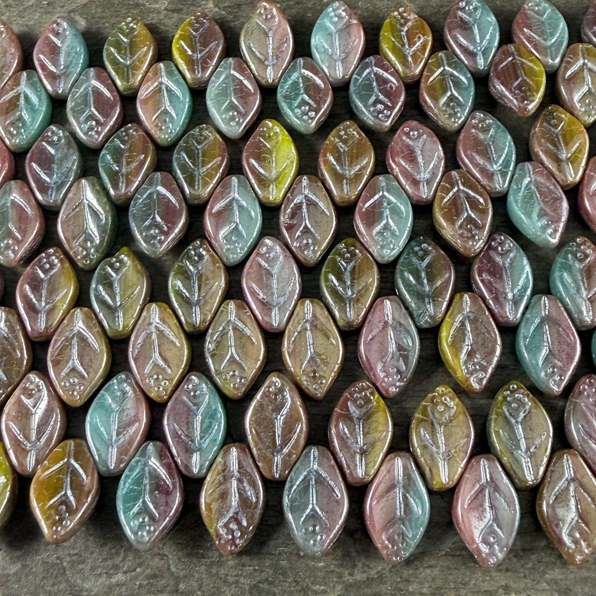 Czech Glass Beads - 8x12mm Briolette Style Leaf, Purple, Blue, and Green (ApLeaf16) * 25 Beads