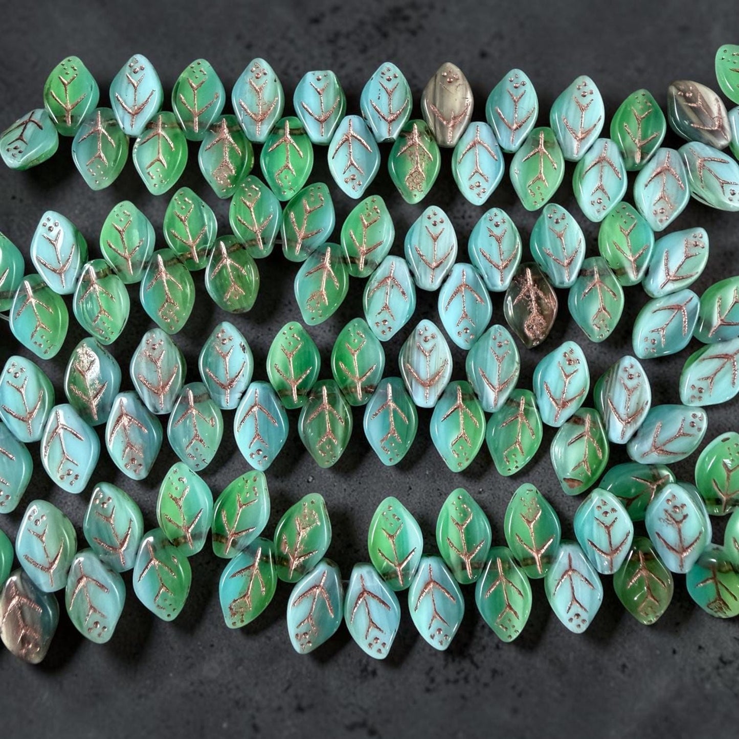 Czech Glass Beads - 8x12mm Briolette Style Leaf, Light Blue and Green (ApLeaf18) * 25 Beads