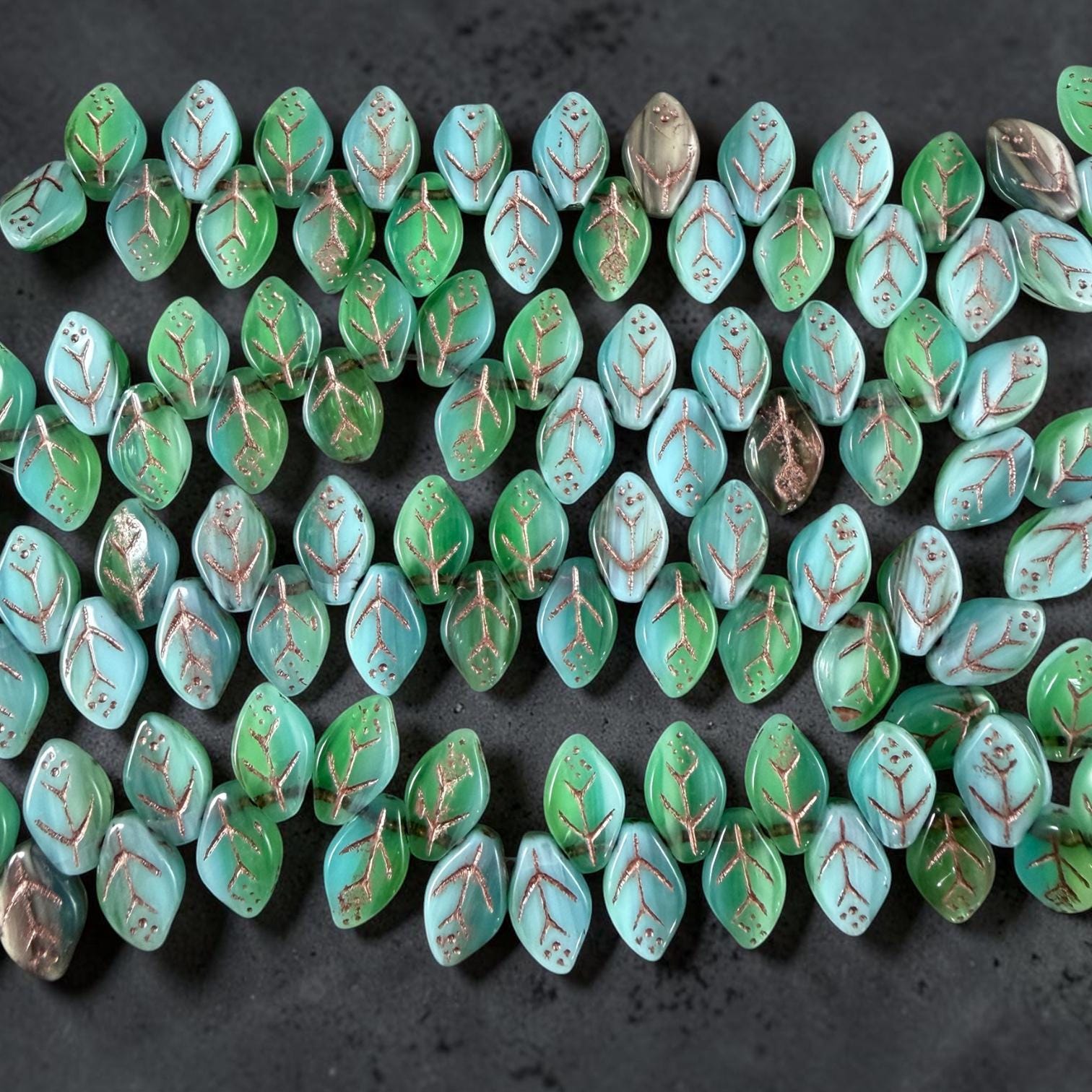 Czech Glass Beads - 8x12mm Briolette Style Leaf, Light Blue and Green (ApLeaf18) * 25 Beads