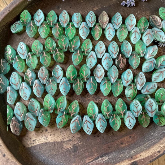 Czech Glass Beads - 8x12mm Briolette Style Leaf, Light Blue and Green (ApLeaf18) * 25 Beads