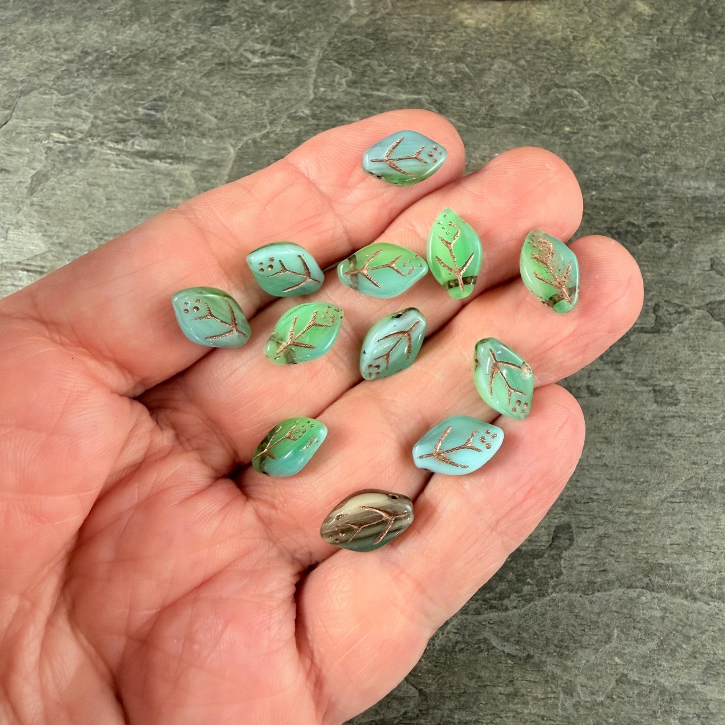 Czech Glass Beads - 8x12mm Briolette Style Leaf, Light Blue and Green (ApLeaf18) * 25 Beads