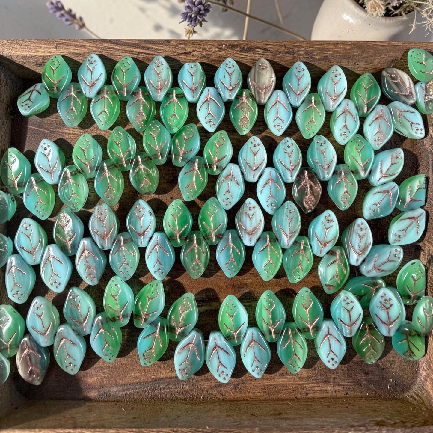 Czech Glass Beads - 8x12mm Briolette Style Leaf, Light Blue and Green (ApLeaf18) * 25 Beads