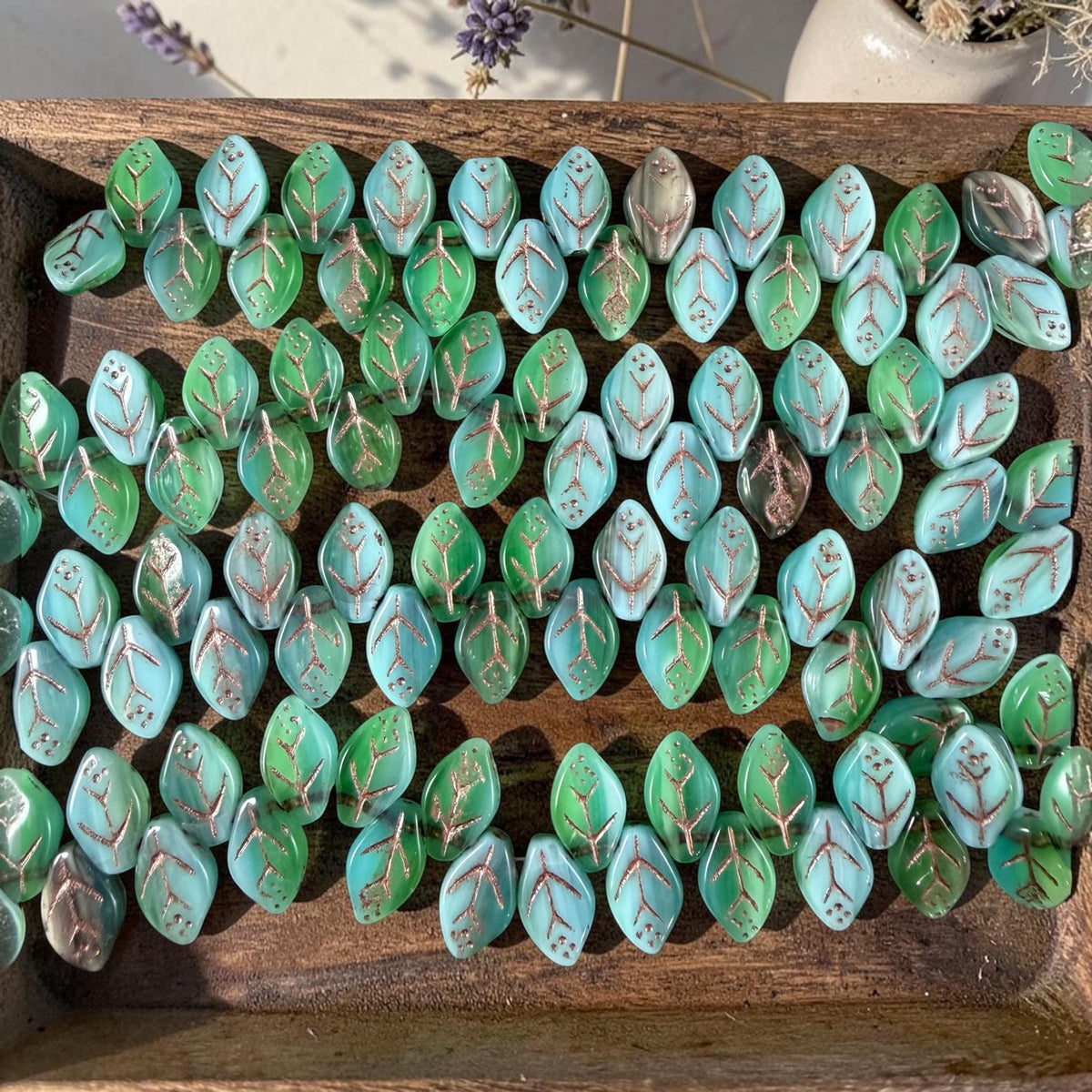 Czech Glass Beads - 8x12mm Briolette Style Leaf, Light Blue and Green (ApLeaf18) * 25 Beads