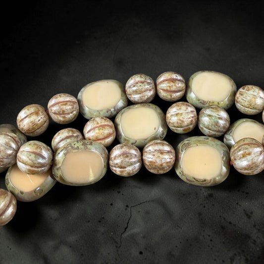 Czech Glass - Round Melon and Table-cut Oval, Beige Alabaster Picasso (BBEM/722.1) * 18 Beads