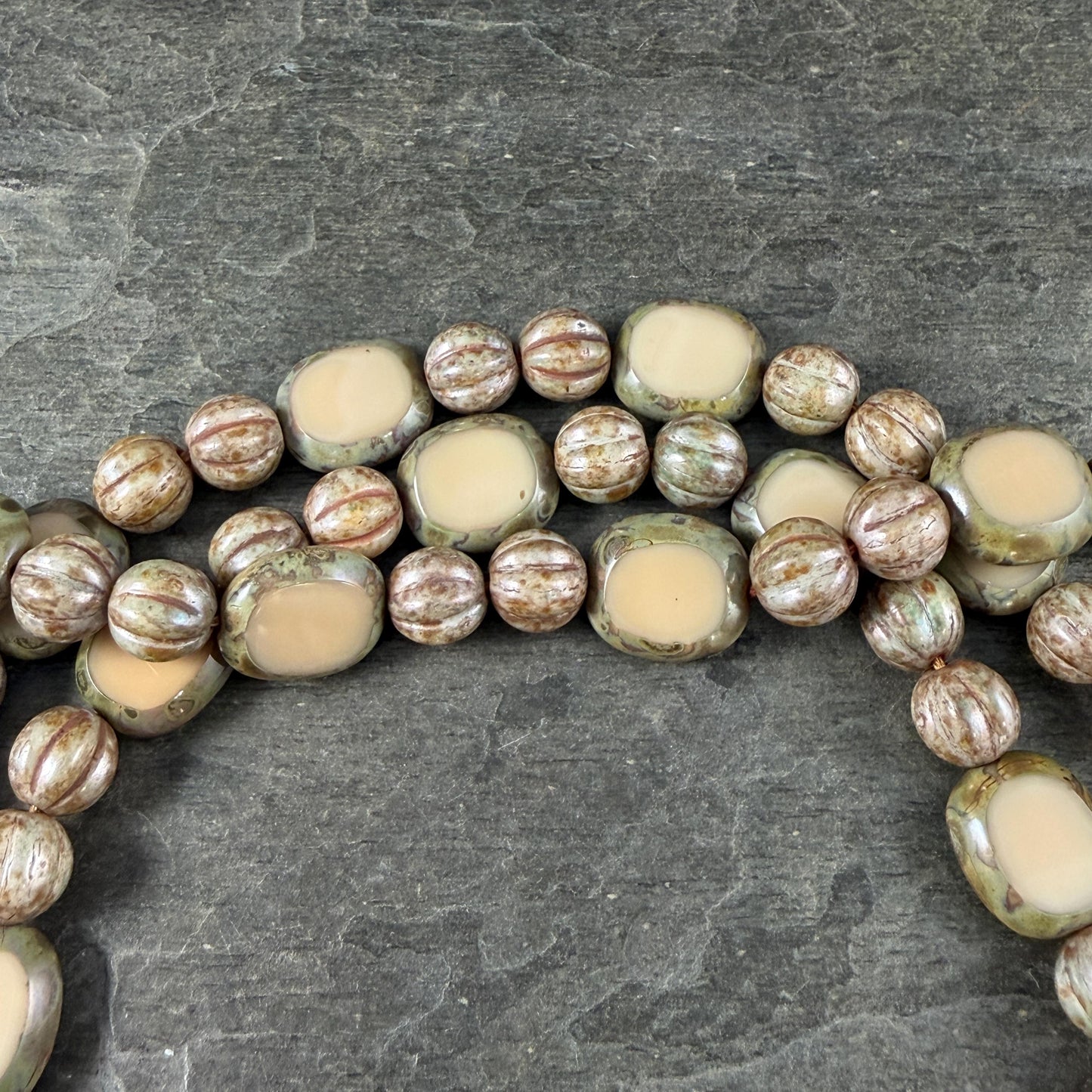 Czech Glass - Round Melon and Table-cut Oval, Beige Alabaster Picasso (BBEM/722.1) * 18 Beads