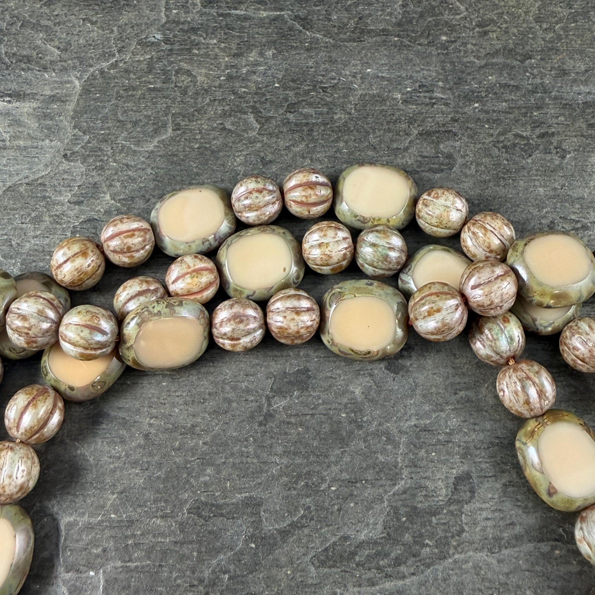 Czech Glass - Round Melon and Table-cut Oval, Beige Alabaster Picasso (BBEM/722.1) * 18 Beads