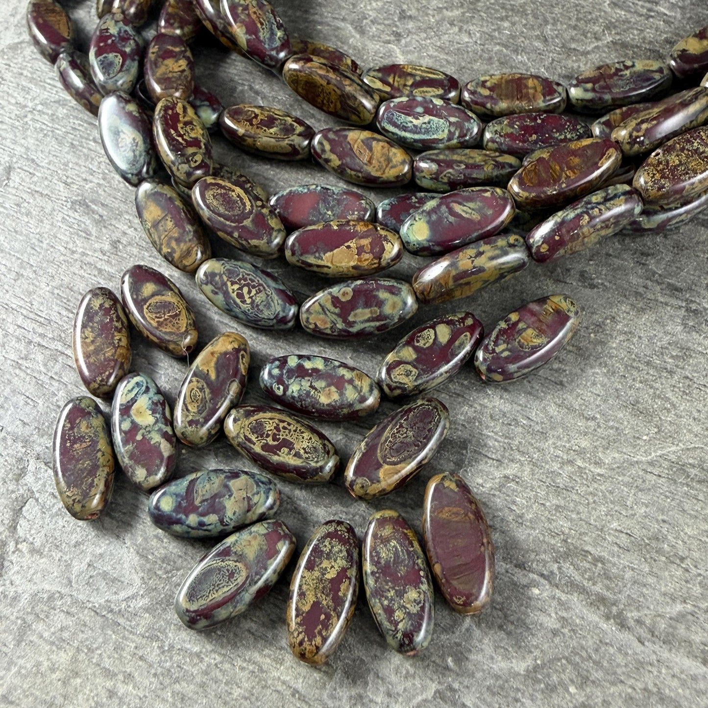 Czech Glass Beads - 13x6mm Marquise Spindle, Oxblood Red Picasso (30460) * 25 Beads