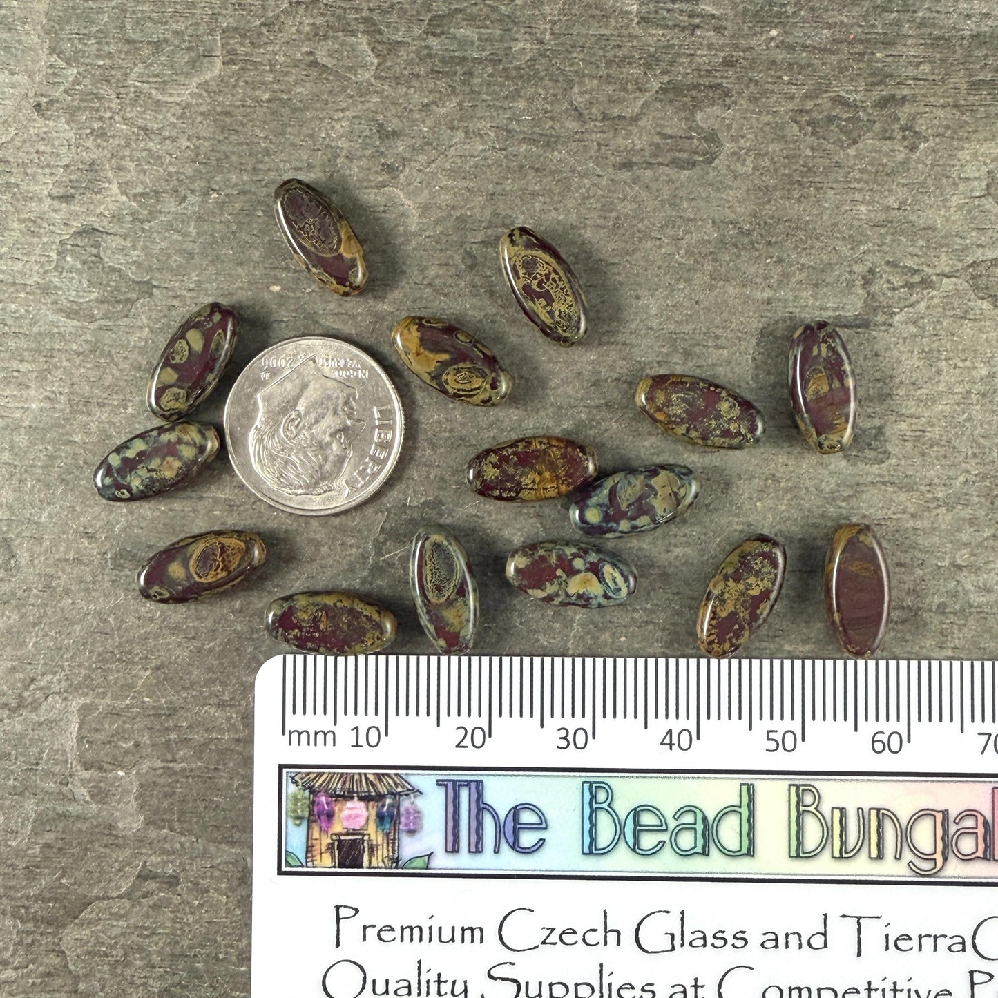 Czech Glass Beads - 13x6mm Marquise Spindle, Oxblood Red Picasso (30460) * 25 Beads