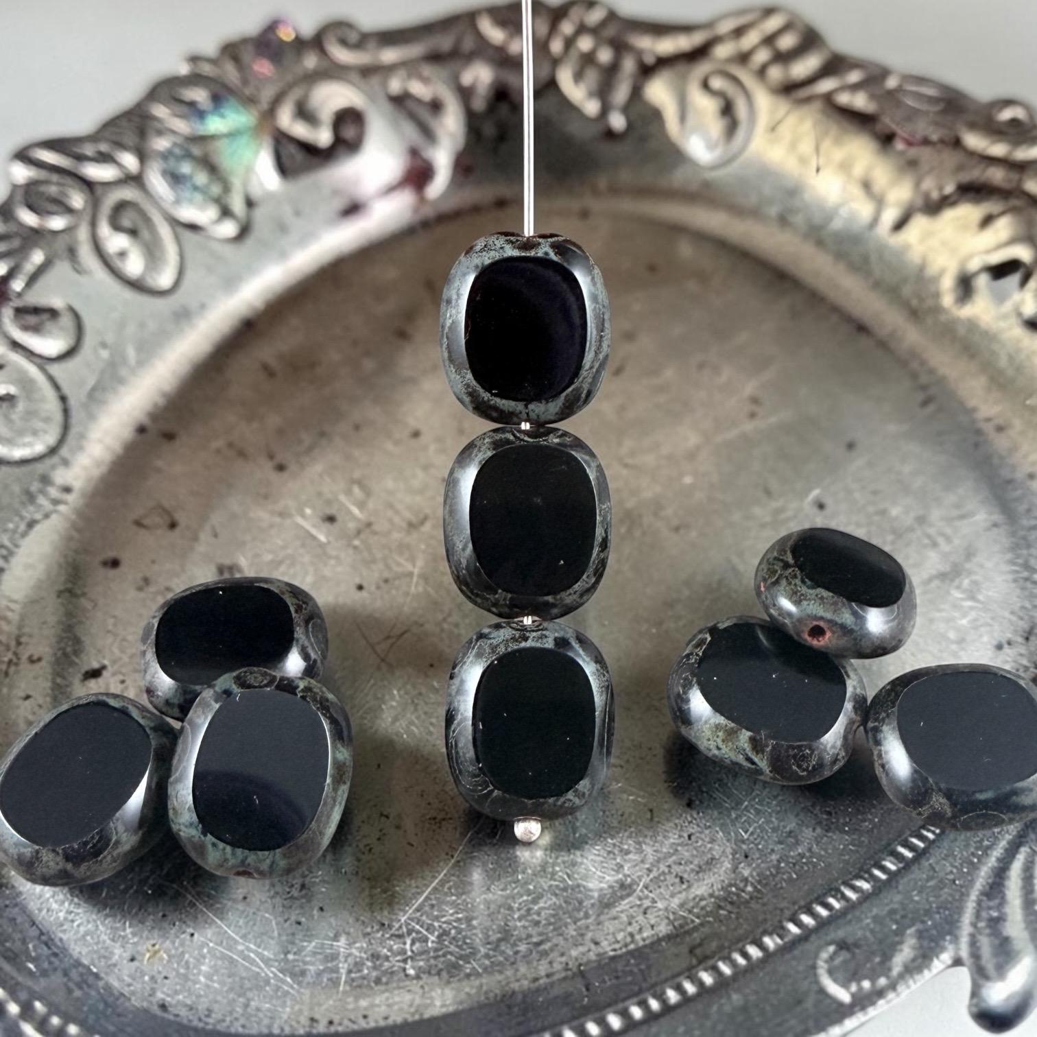 Czech Glass - 14x12mm Table-Cut Oval, Black Picasso (23980/86800) * 6 Beads