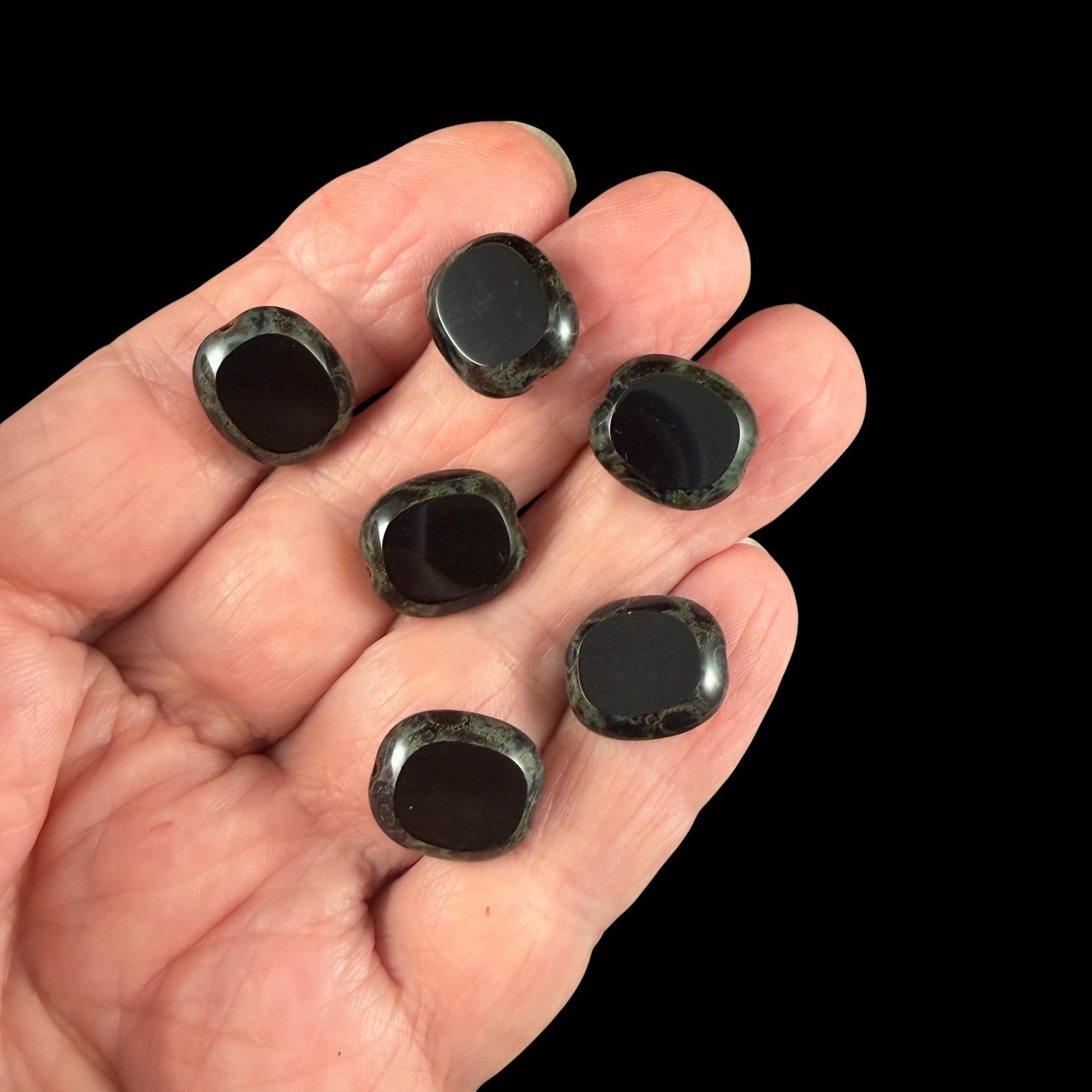 Czech Glass - 14x12mm Table-Cut Oval, Black Picasso (23980/86800) * 6 Beads