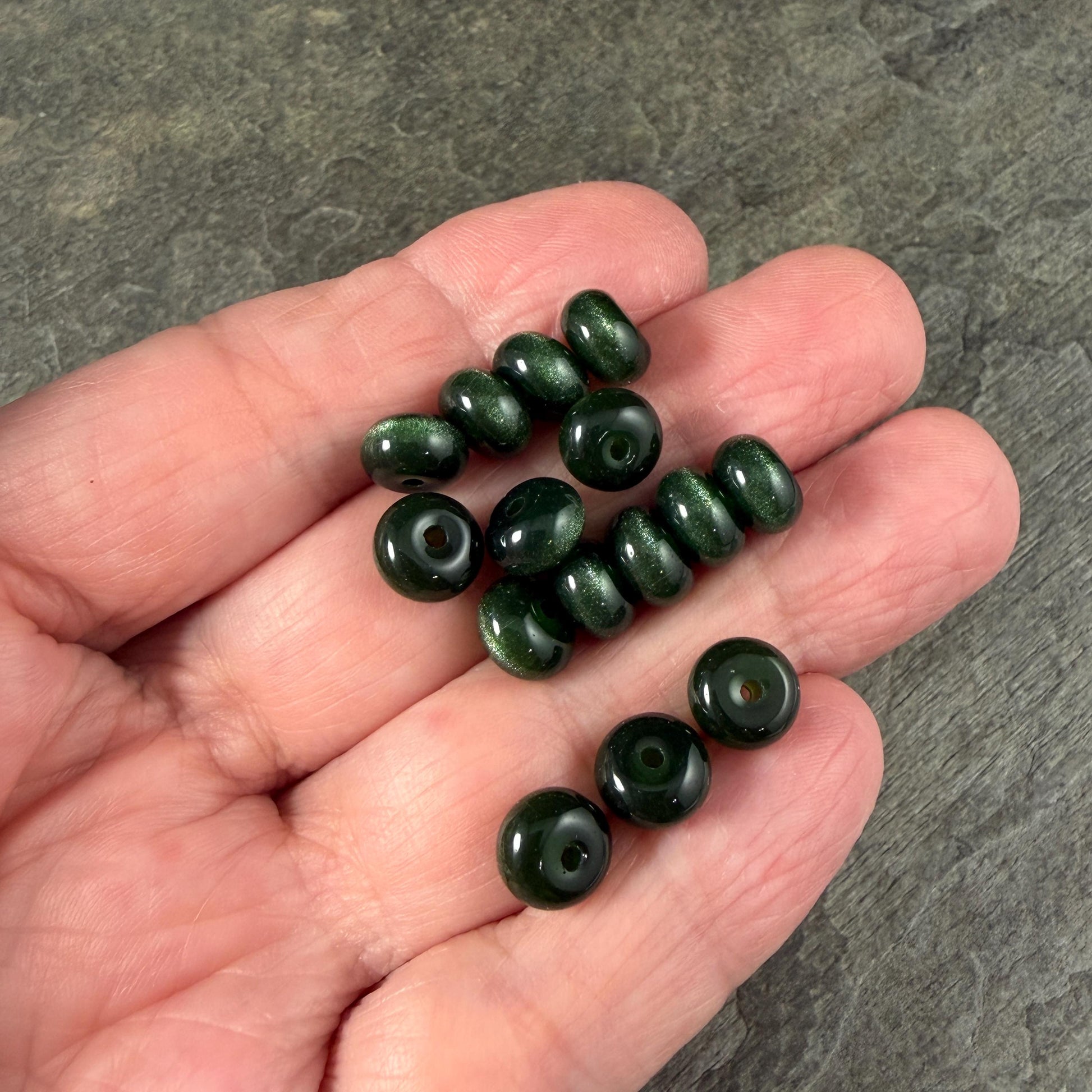 Glass Beads - 8x5mm Rondelles, Dark Forest Green Cat's Eye * 7" Strand